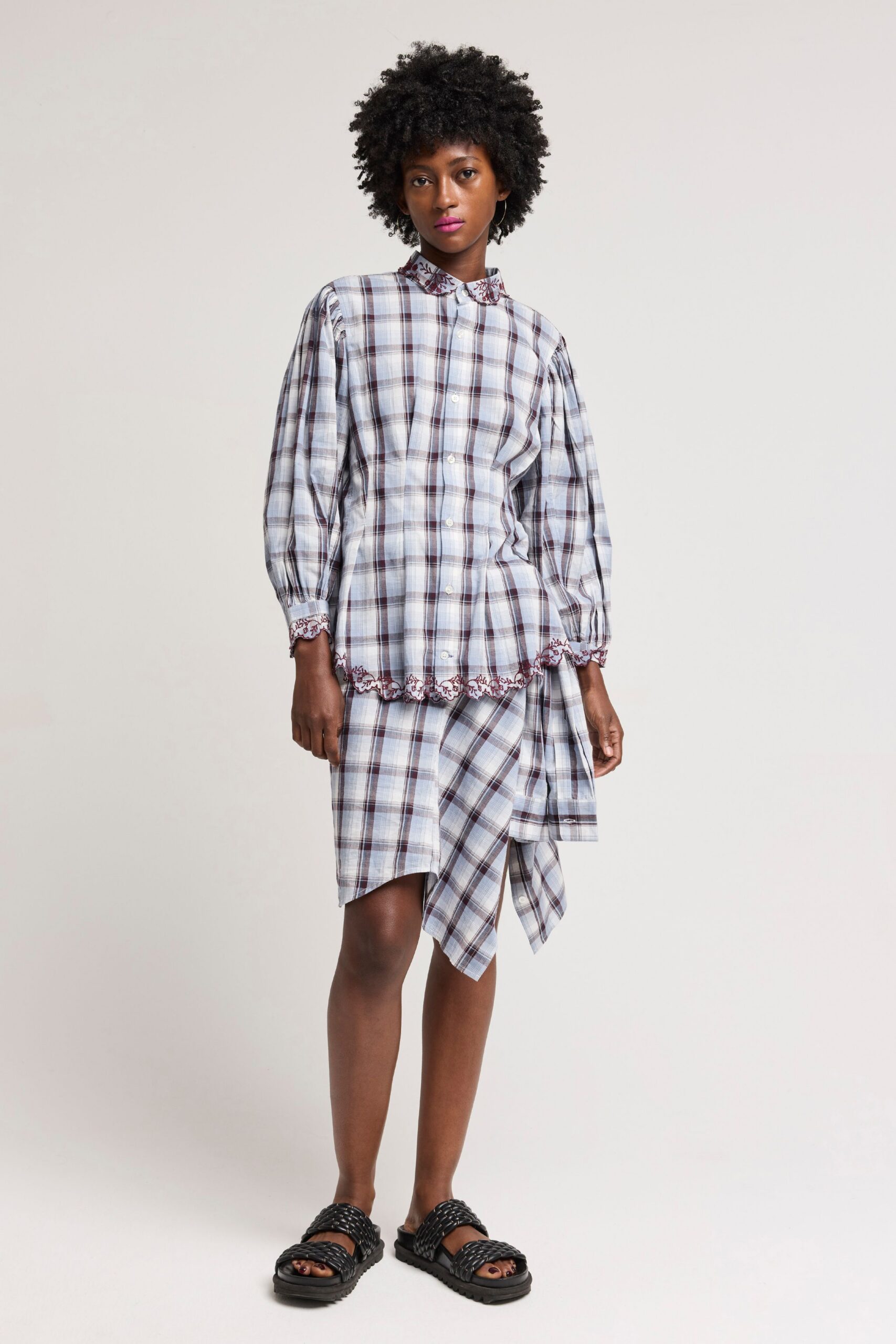 white cotton long-sleeve collared fitted checked pleated dress