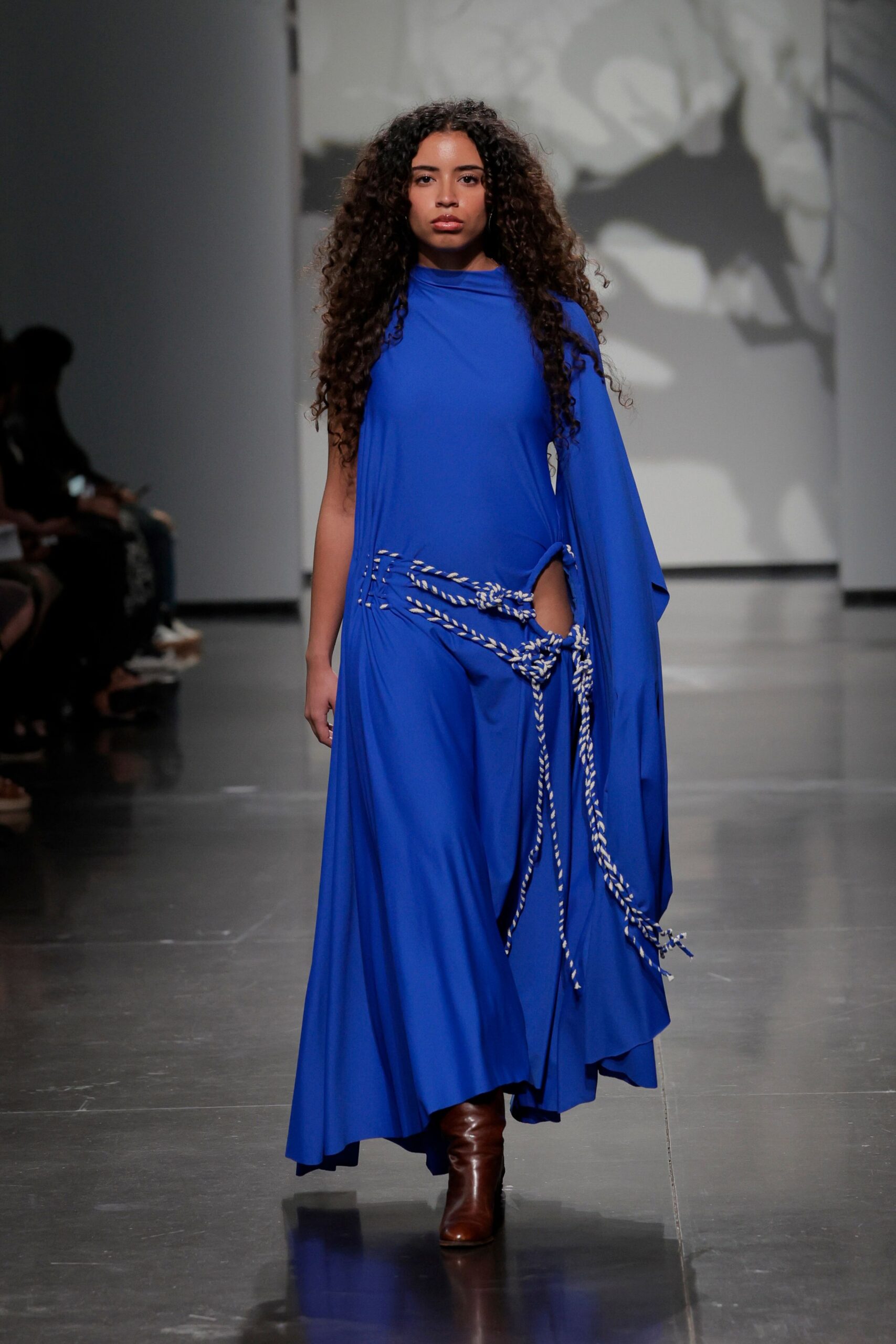 blue silk sleeveless high-neck relaxed draped flowing gown