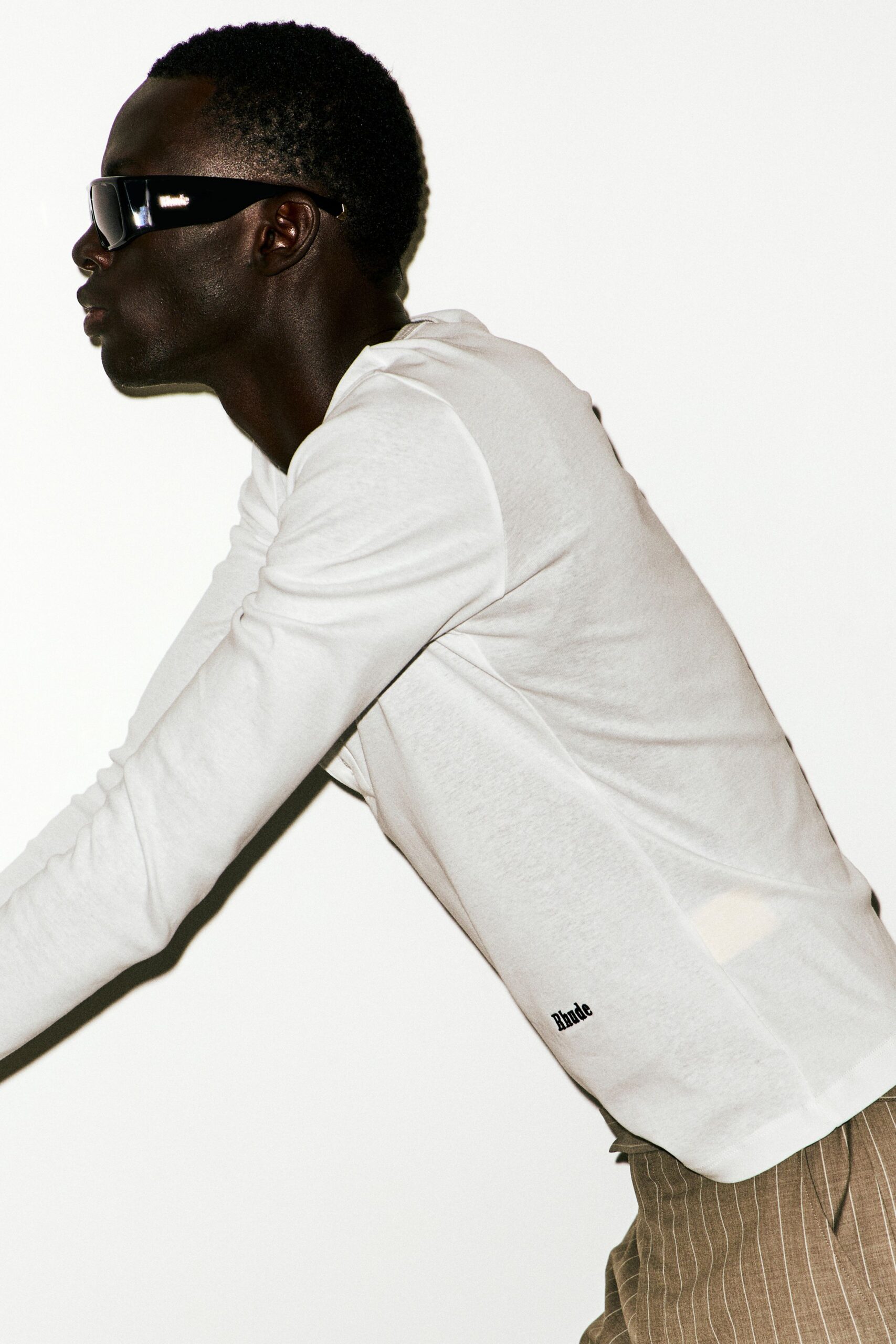 beige cotton slim striped pants