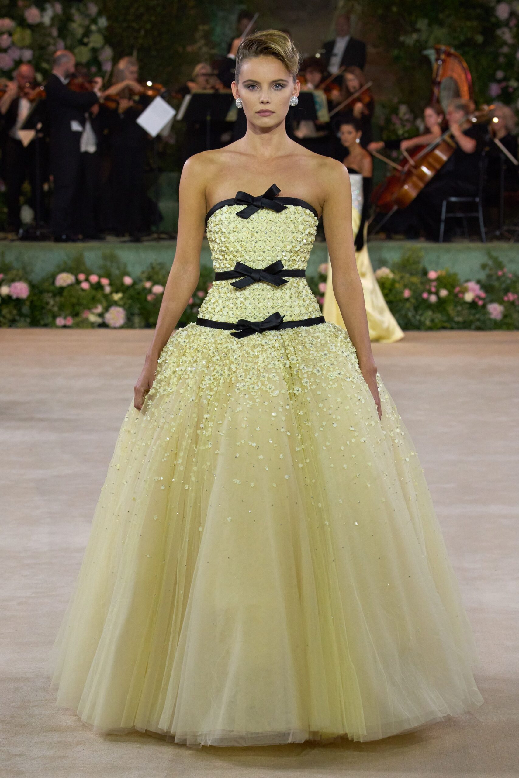 yellow strapless embellished gown