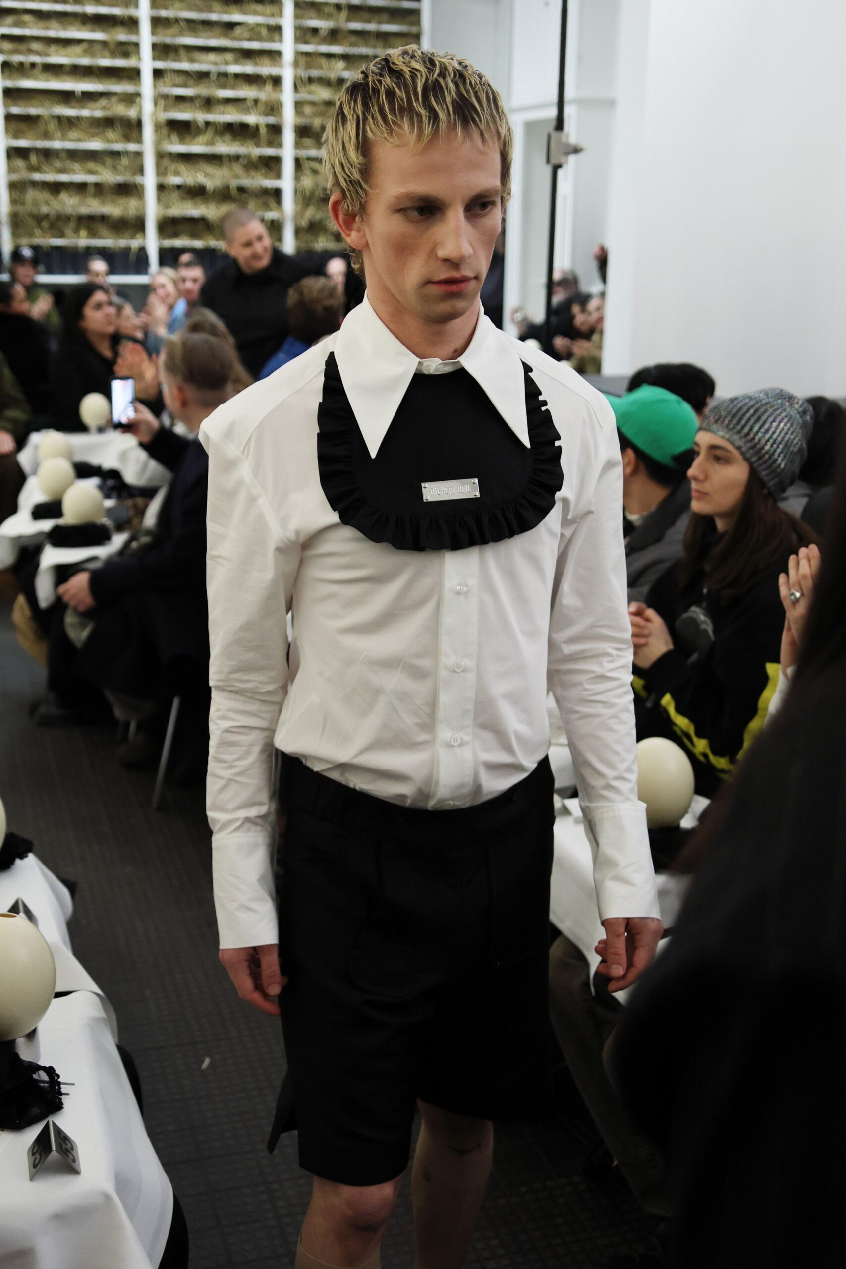 white cotton long-sleeve collared fitted ruffled shirt