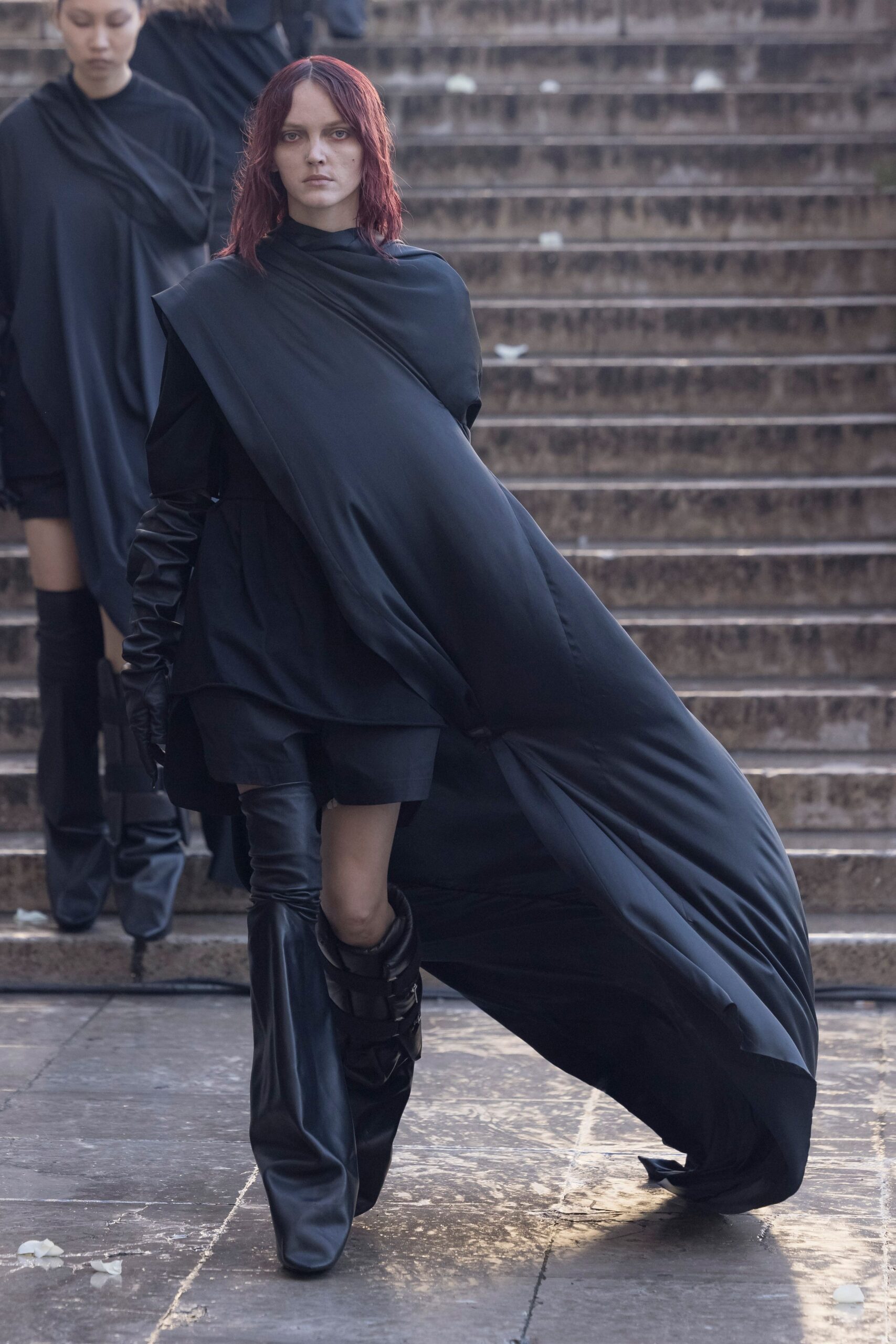 black silk long-sleeve asymmetric relaxed draped flowing dress