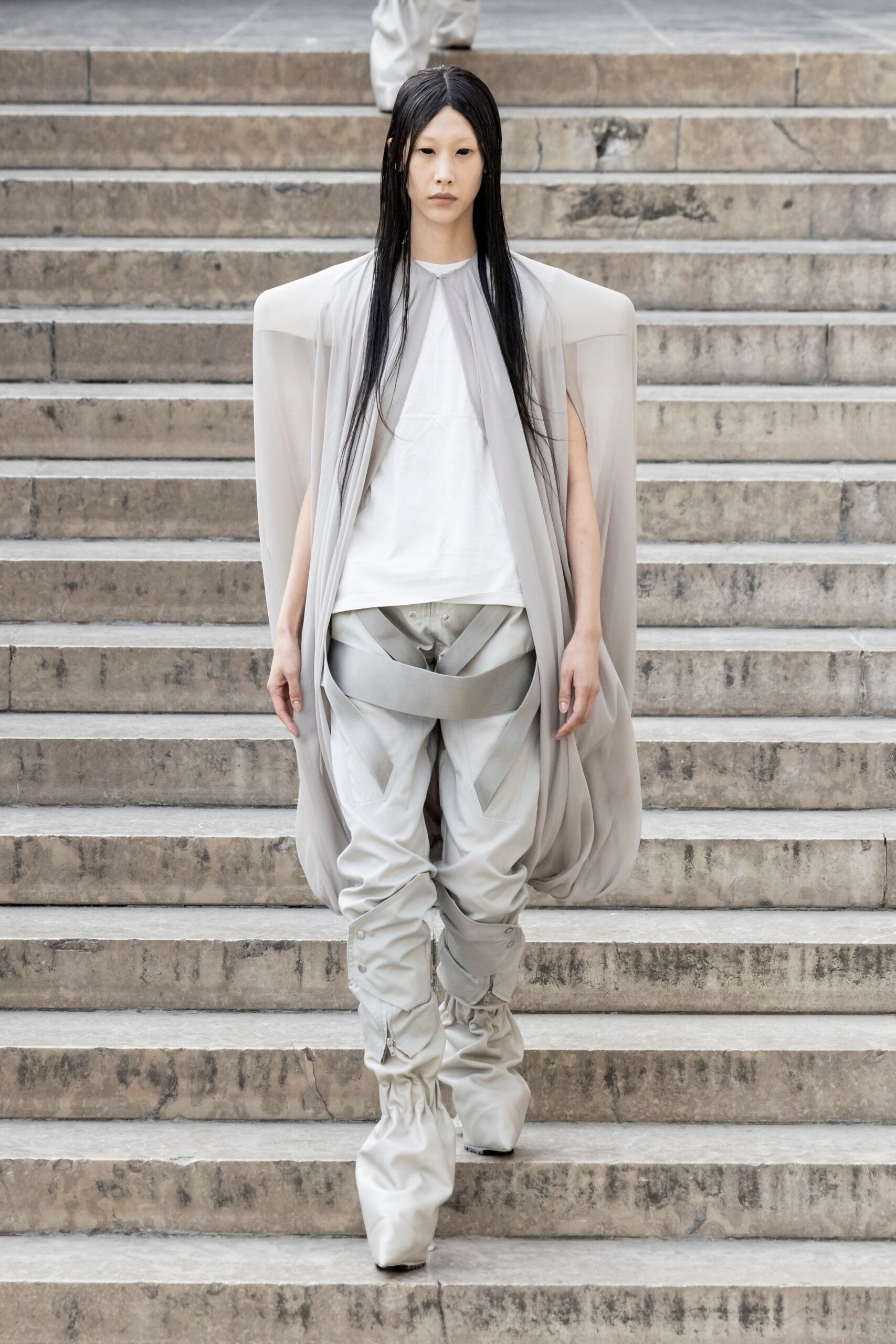 beige chiffon oversized draped flowing cape