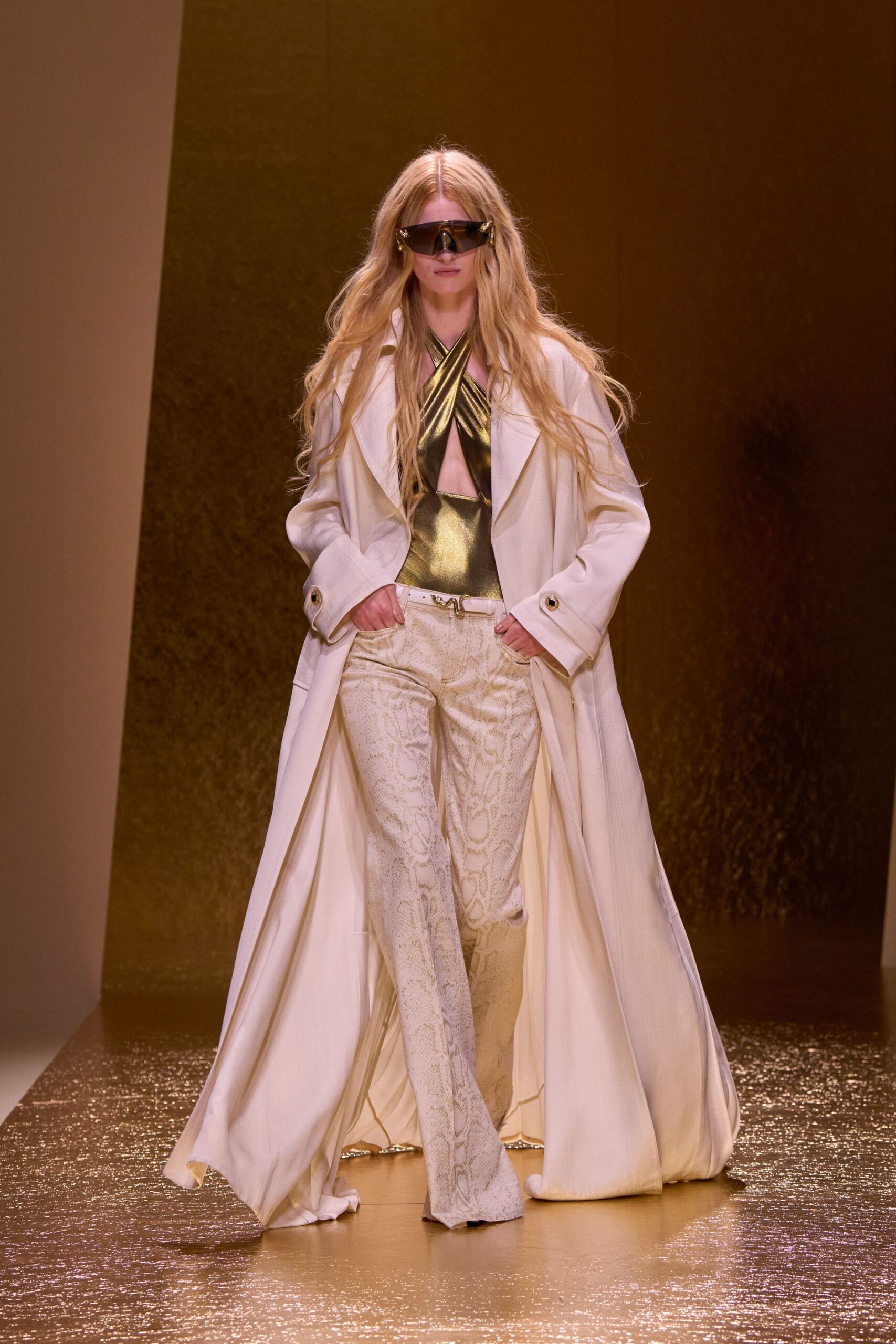 white silk fitted high-waisted flared pants