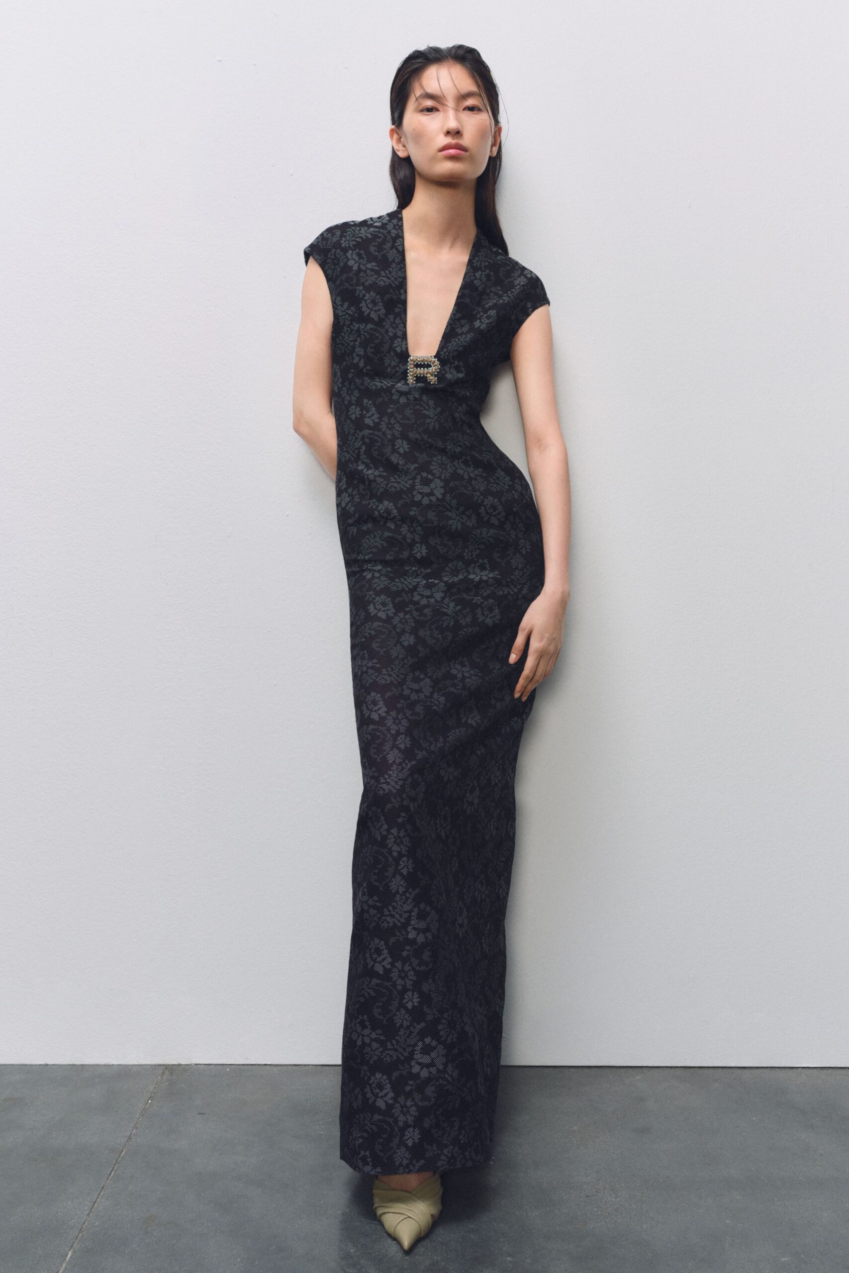 black silk embroidered gown