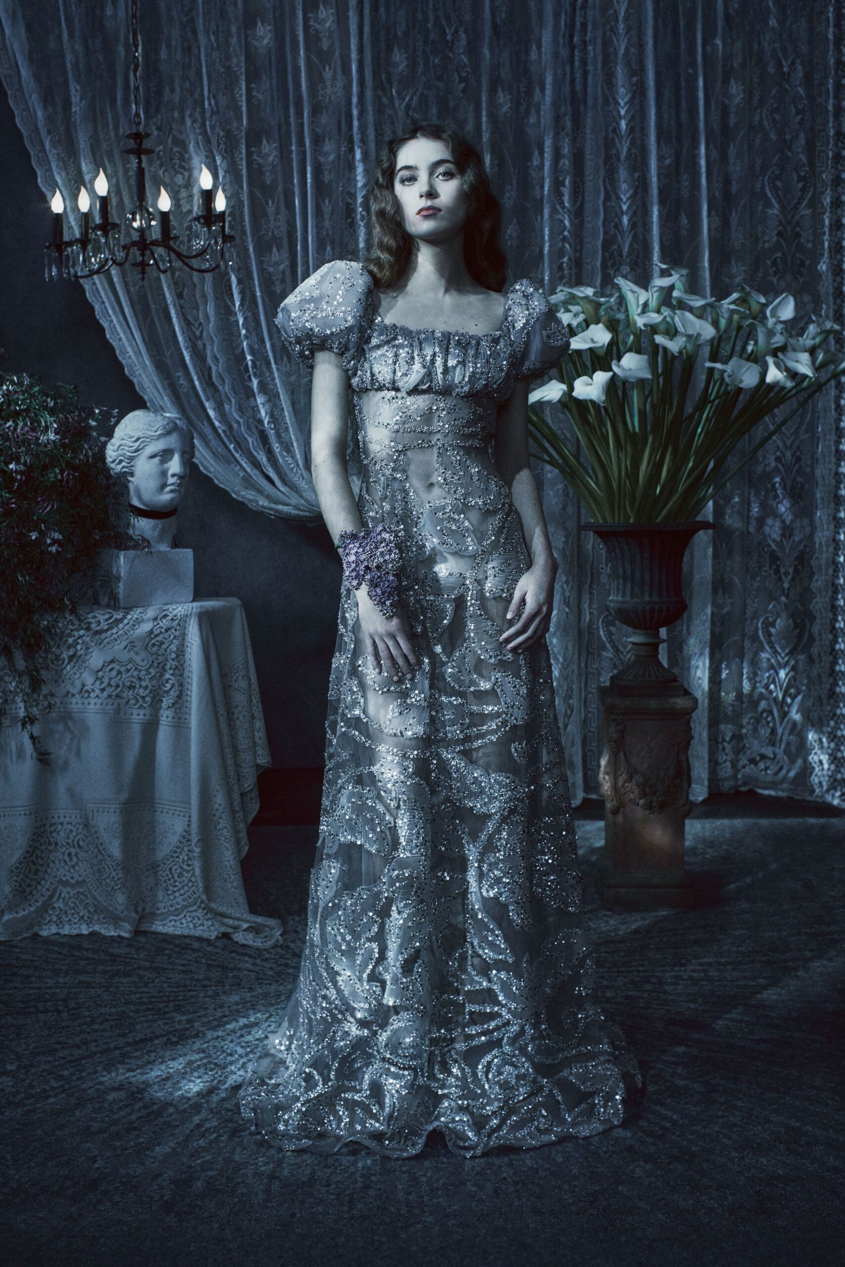 silver embellished off-shoulder gown