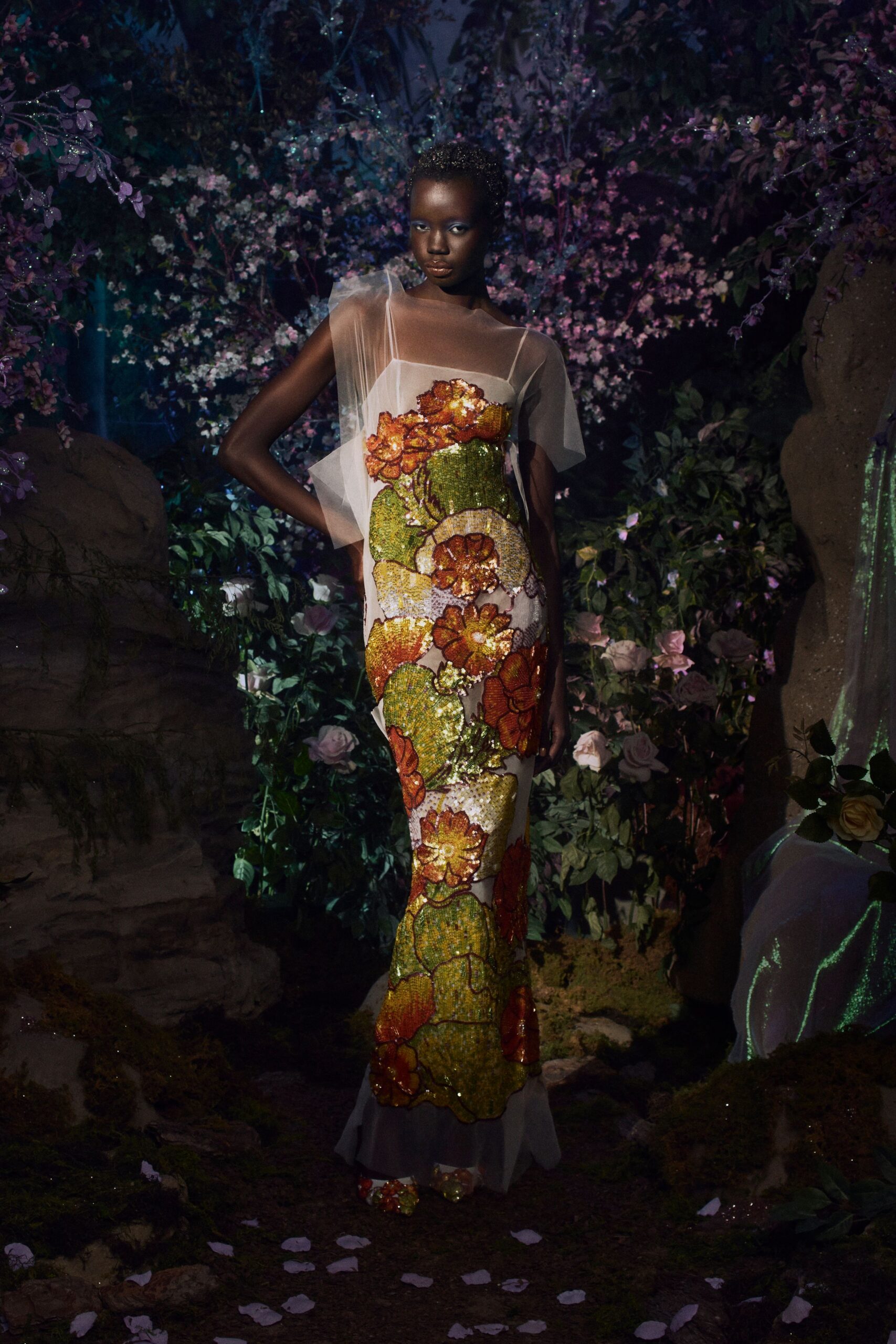 multi-colored embroidered gown