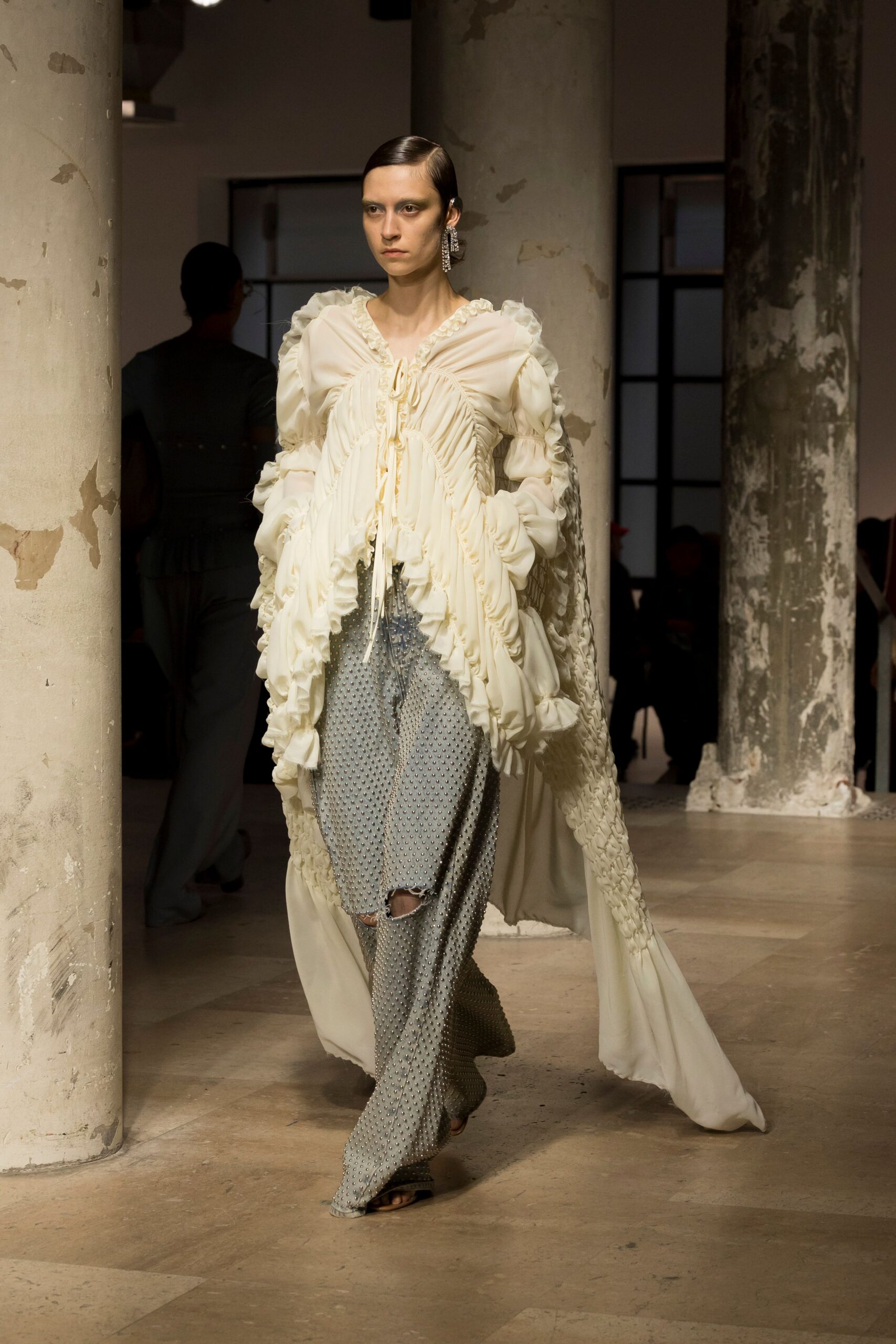 white silk long-sleeve v-neck fitted ruffled flowing dress