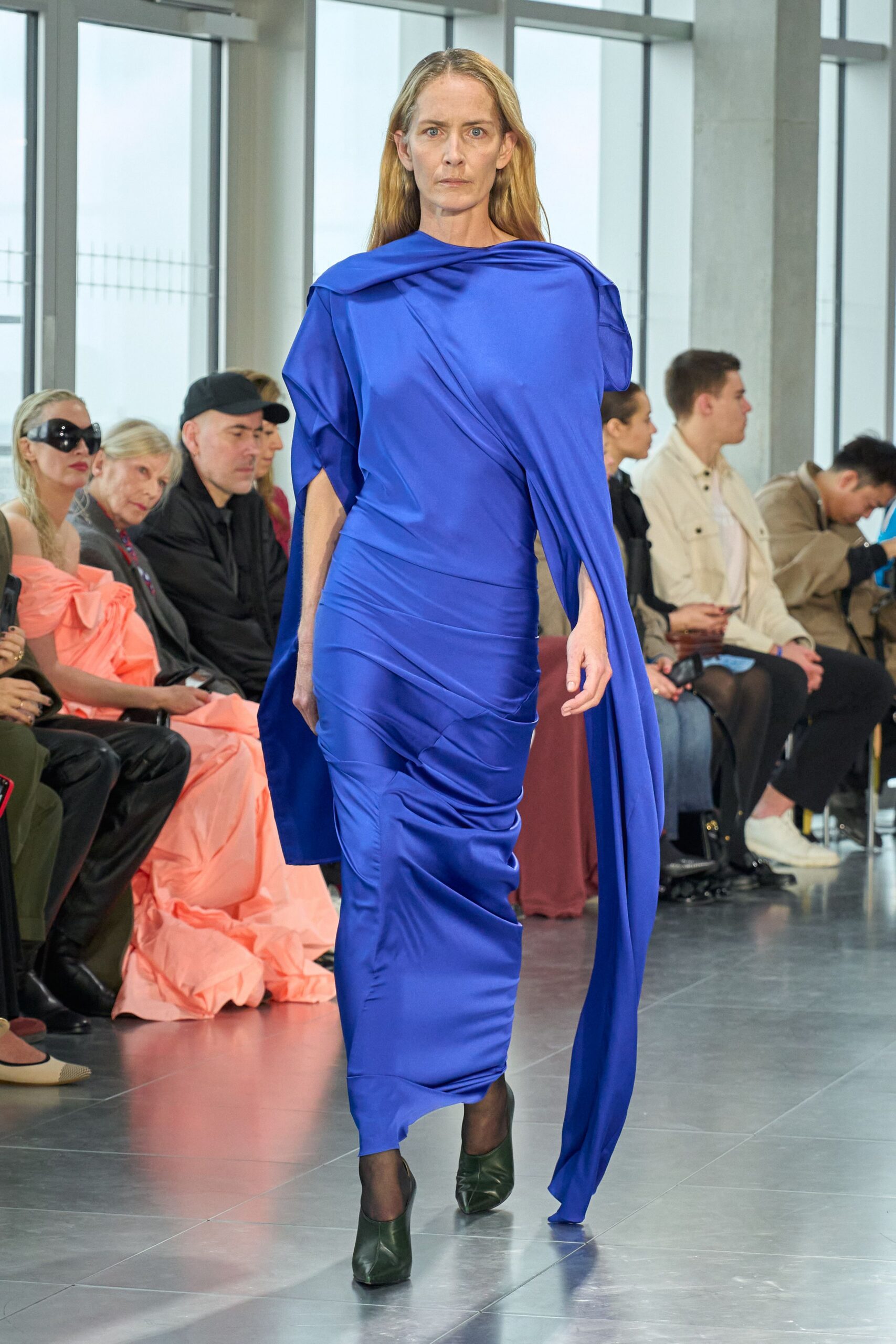 blue silk long-sleeve v-neck fitted draped flowing gown