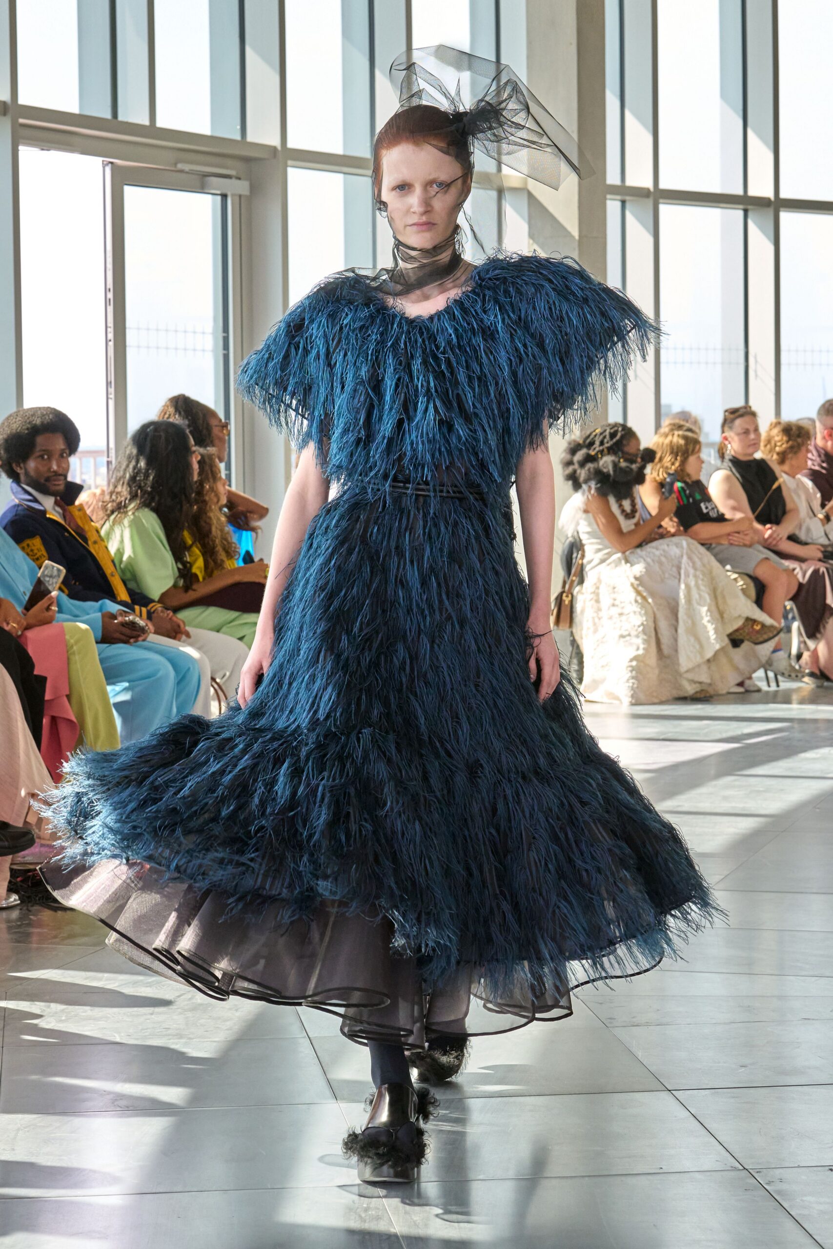 blue fringed midi dress with hat