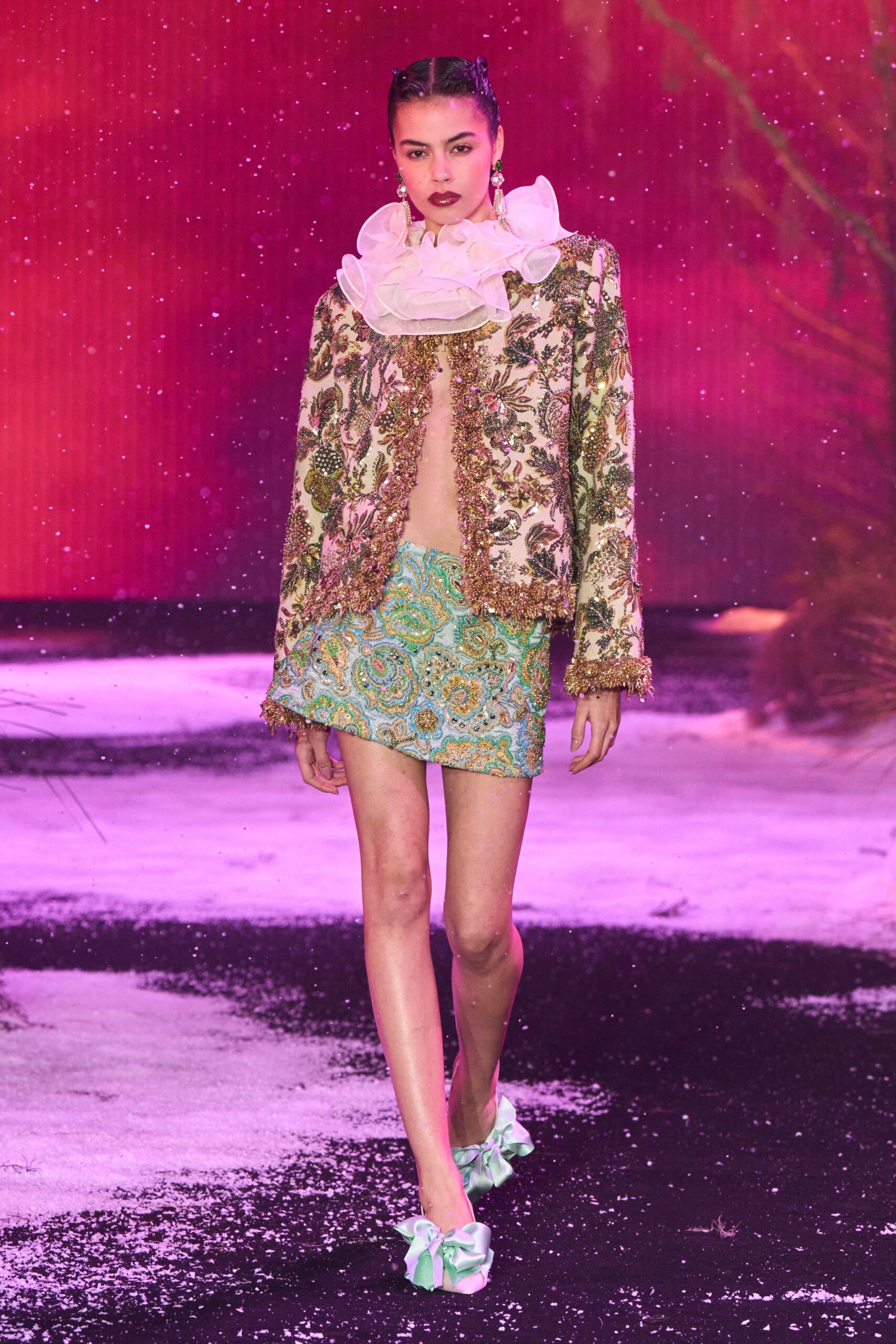 multi silk long-sleeve collared fitted embroidered layered jacket