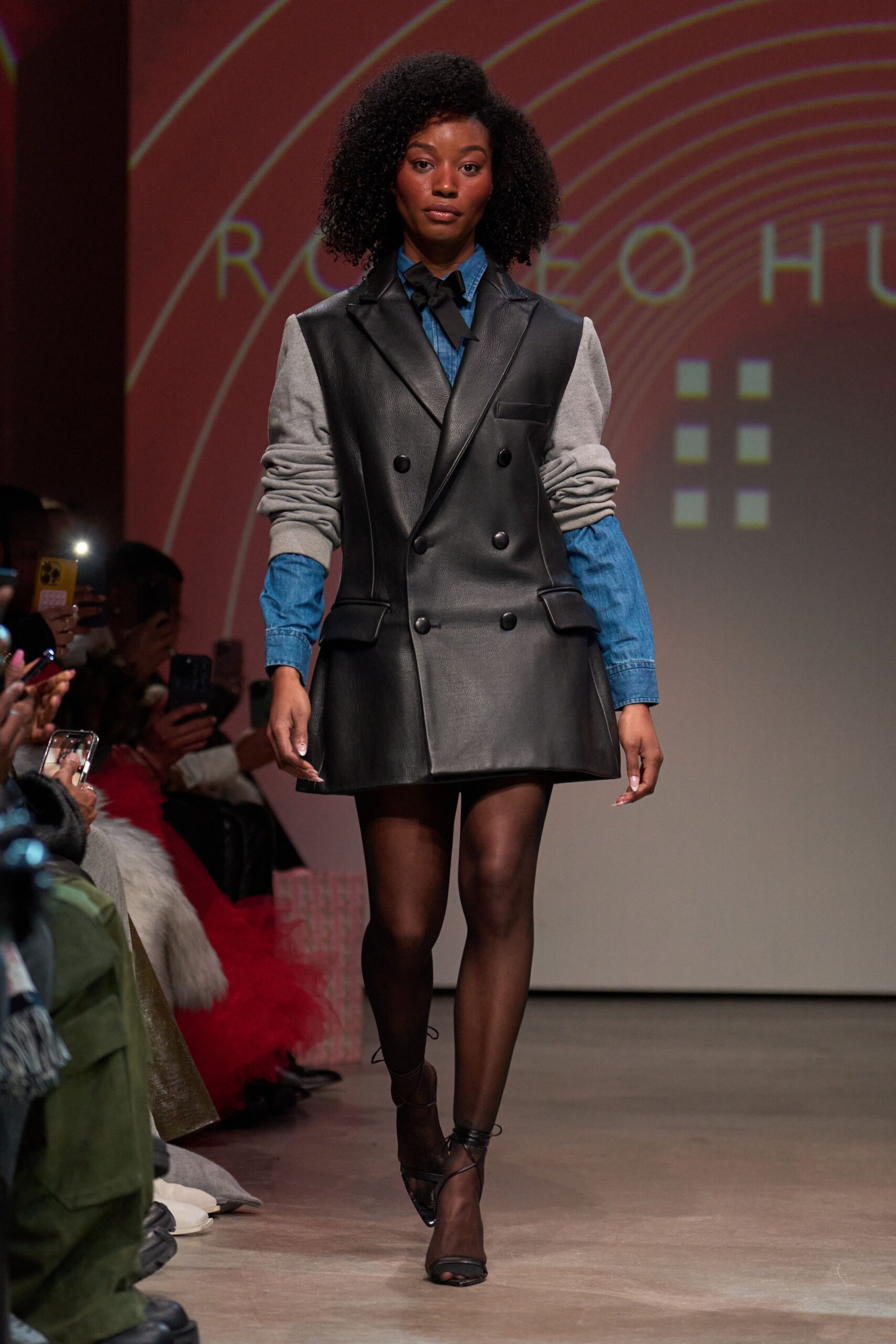 black leather blazer with blue shirt