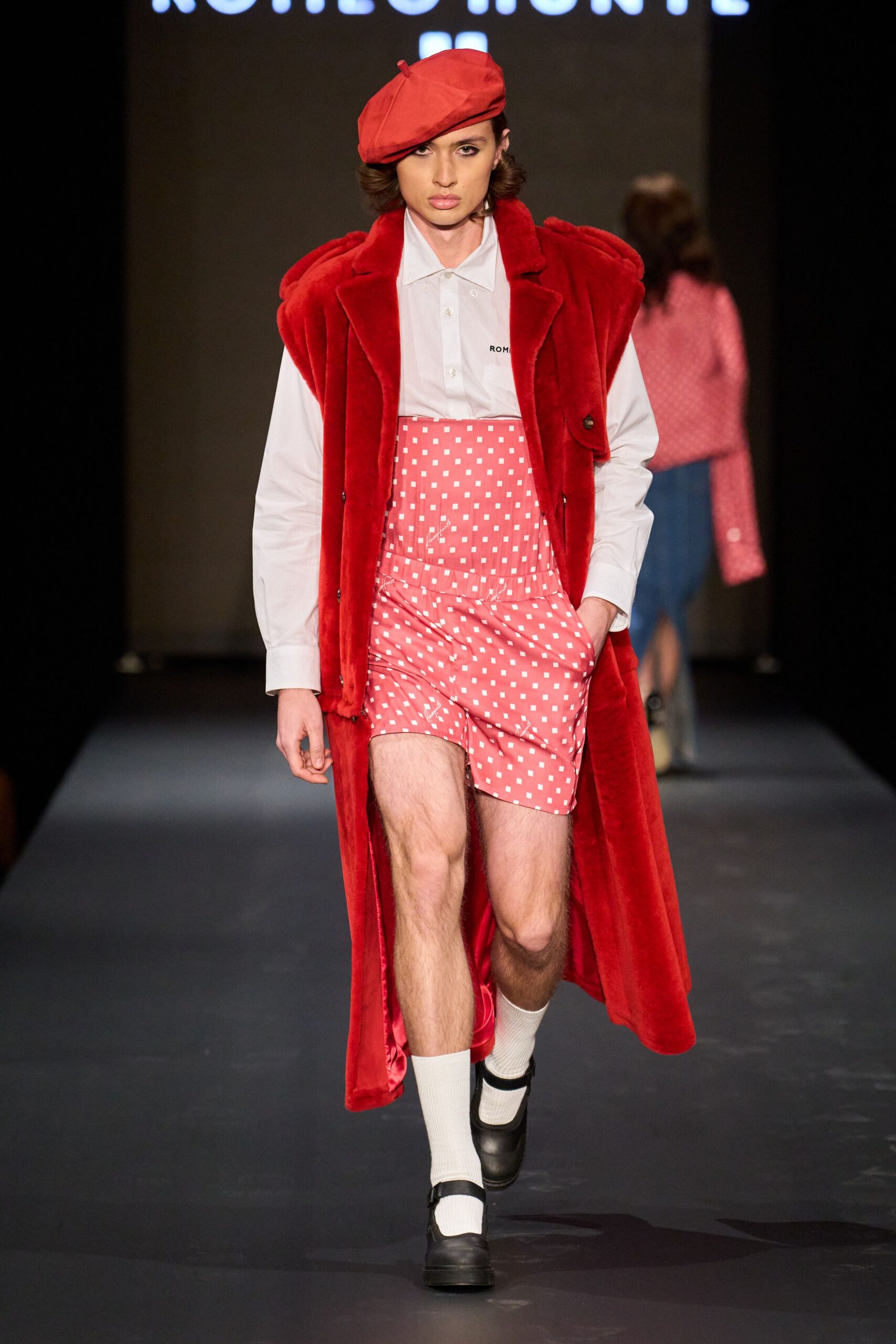 red faux-fur relaxed coat