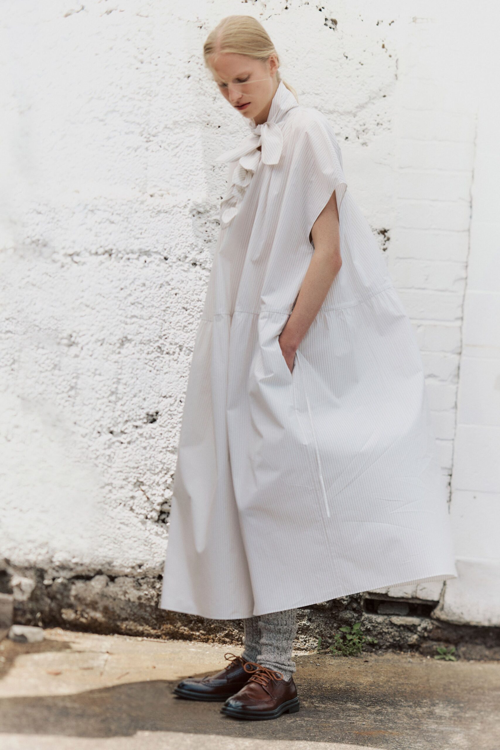 white cotton sleeveless relaxed pleated tiered maxi dress