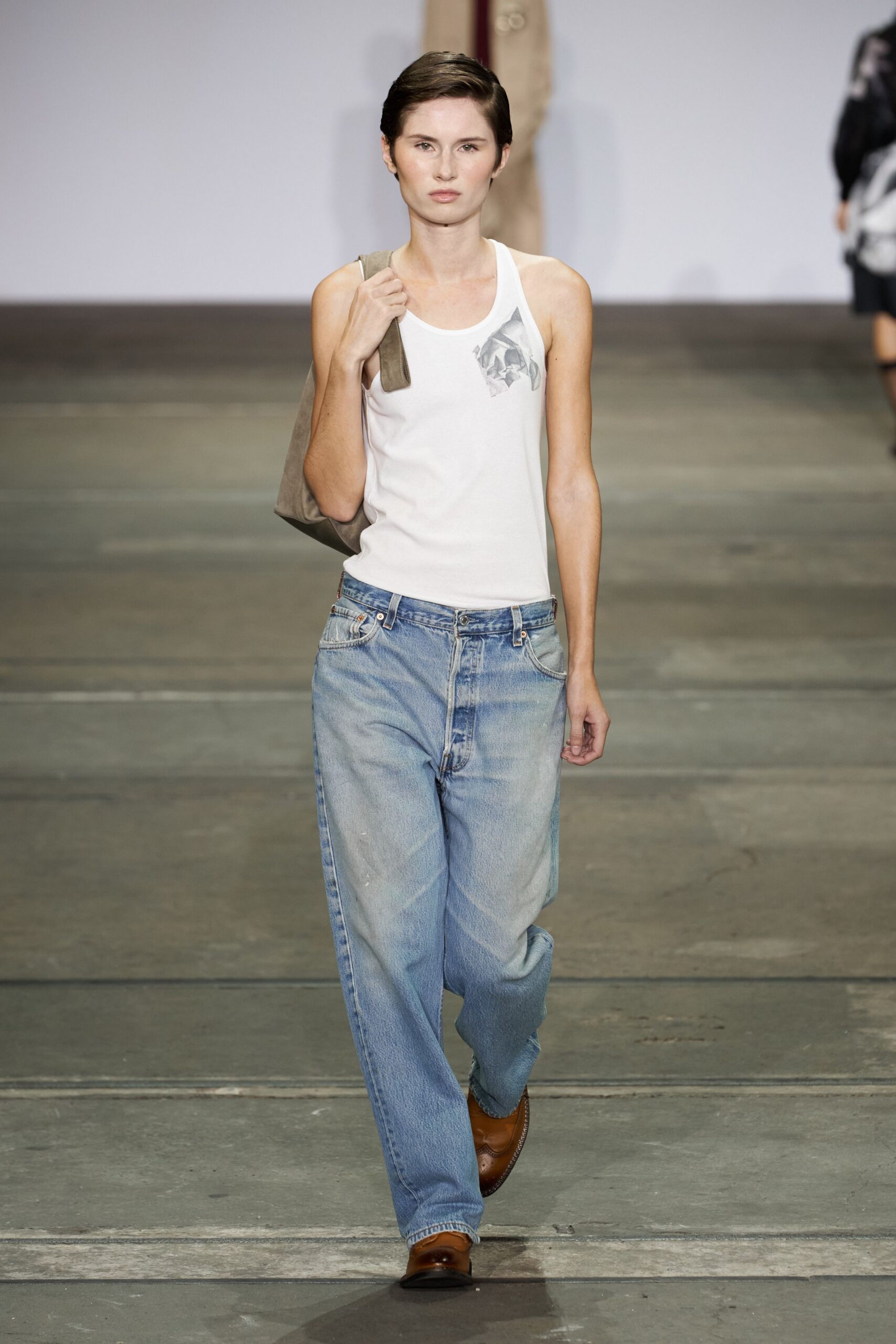 white tank-top with relaxed jeans