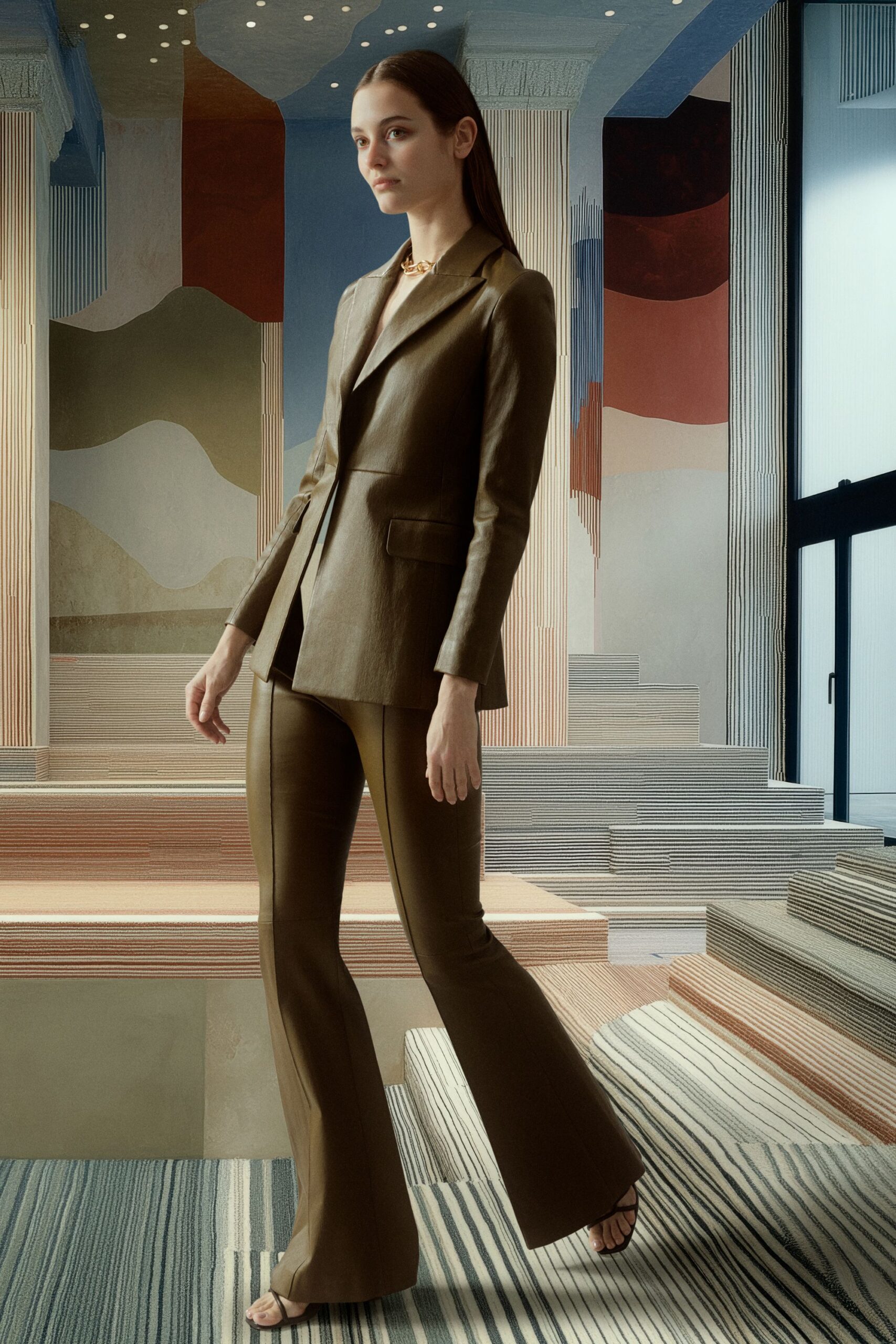 brown leather fitted flared pants