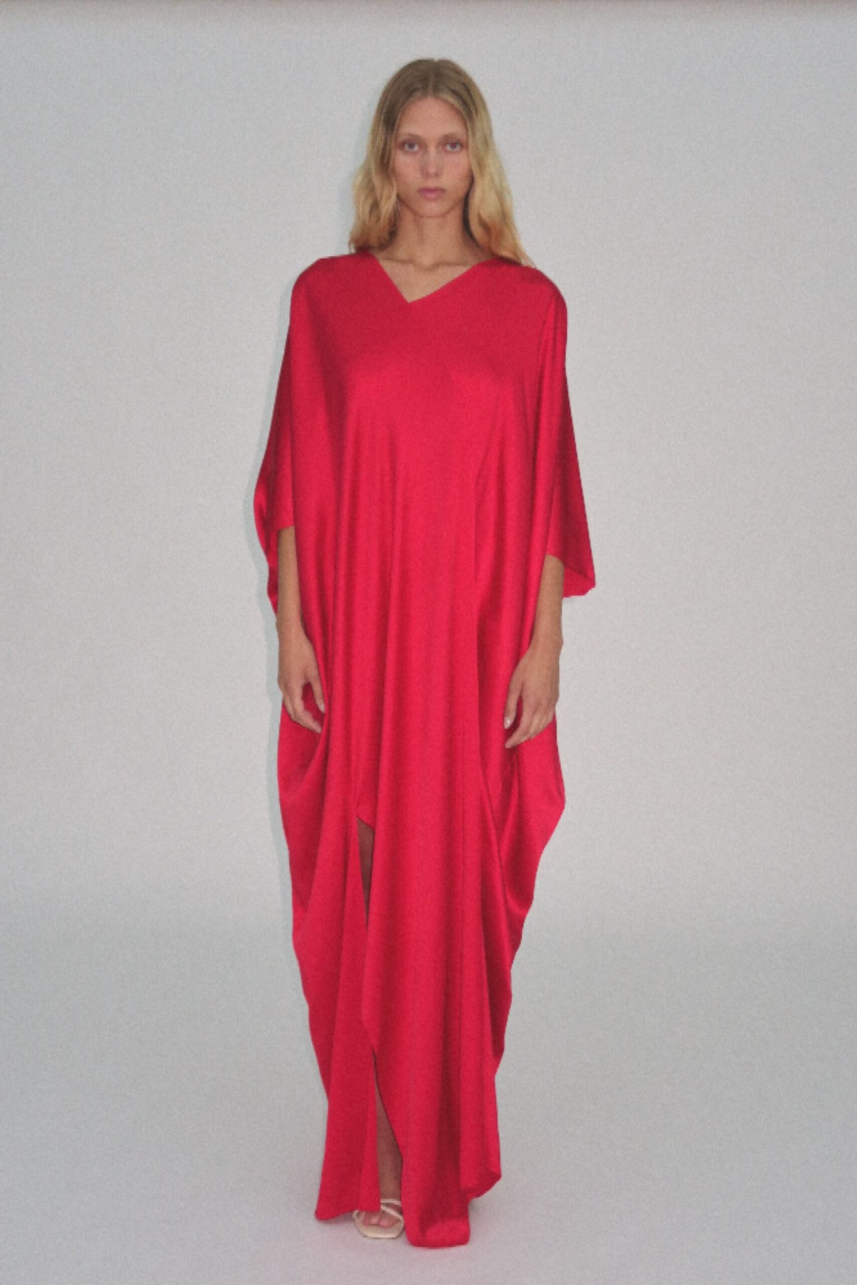 red silk sleeveless gown