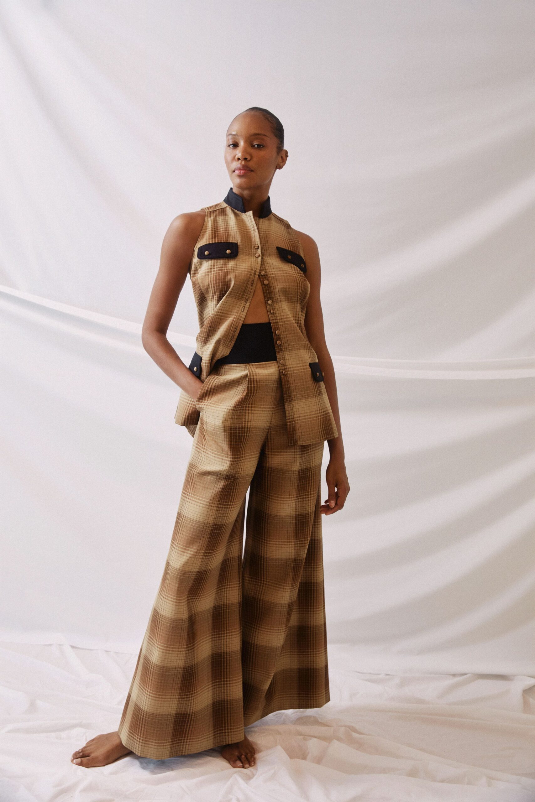 brown checked top and pants