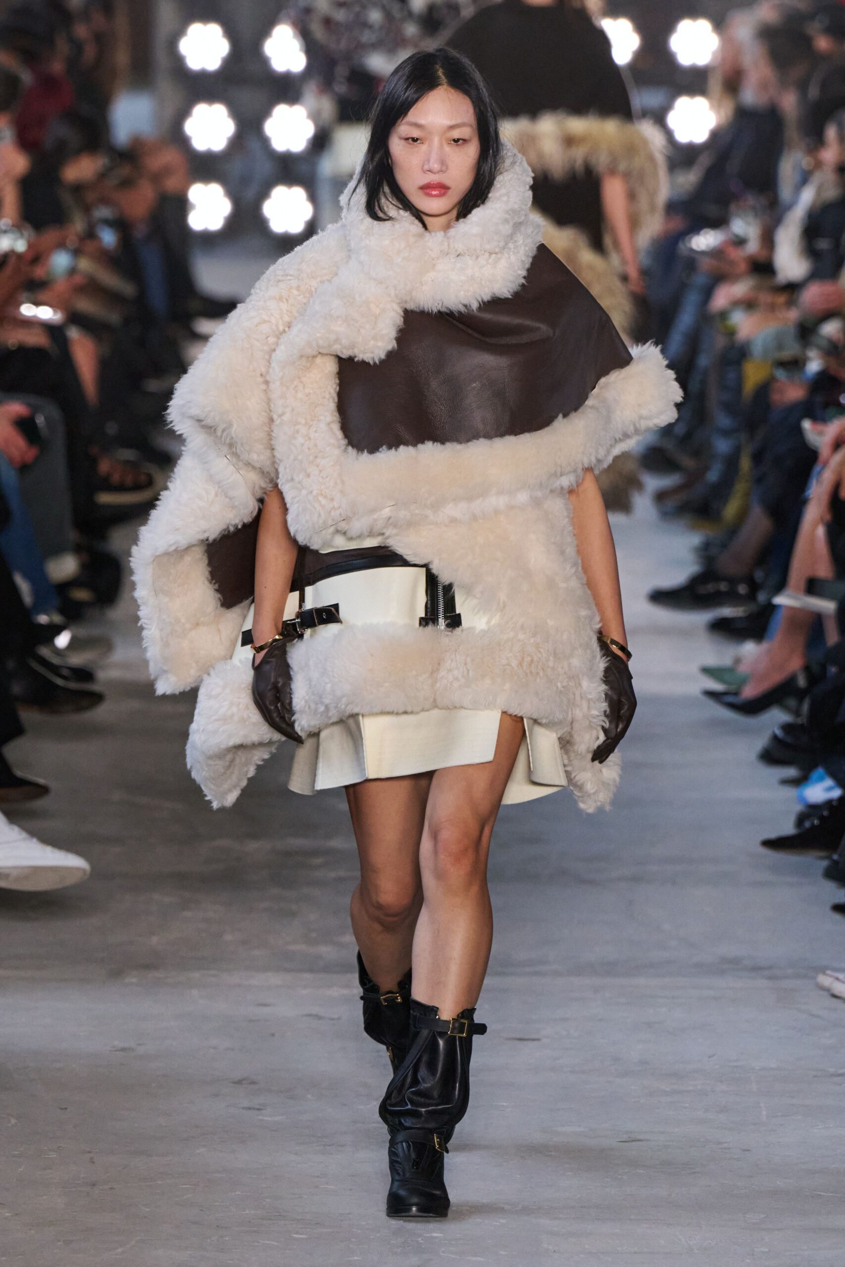 brown fur leather poncho with mini skirt