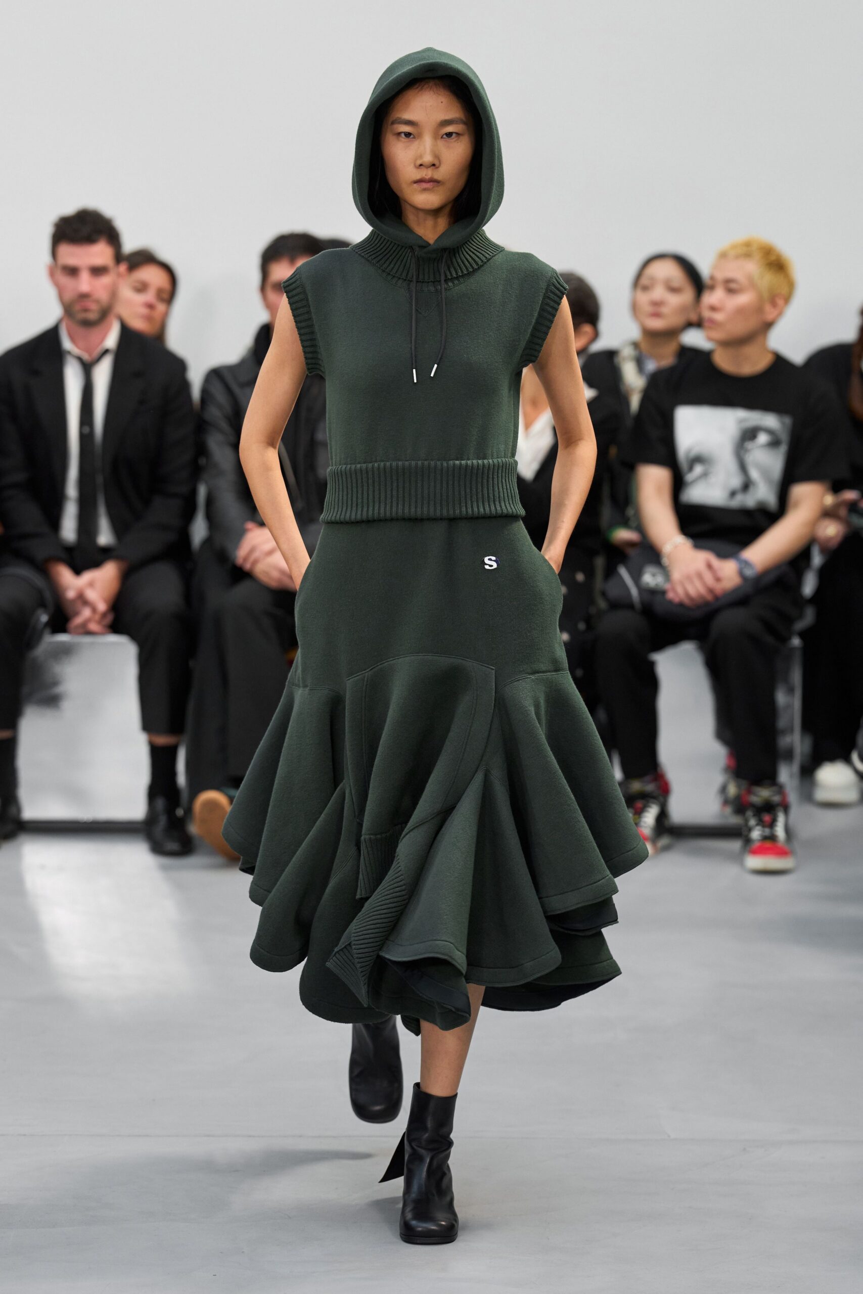 green cotton sleeveless hooded fitted ruffled midi dress