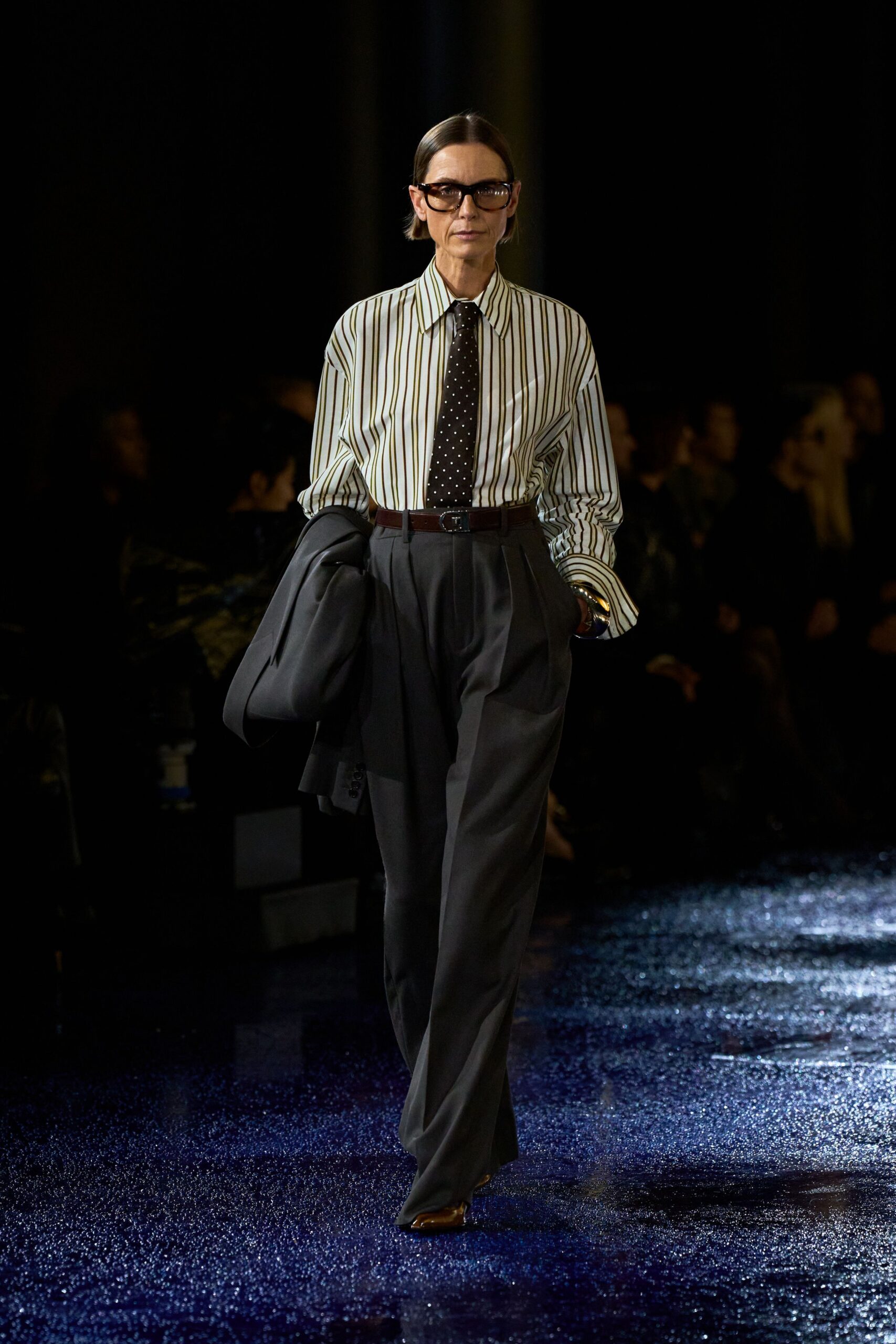 striped shirt tailored pants blazer