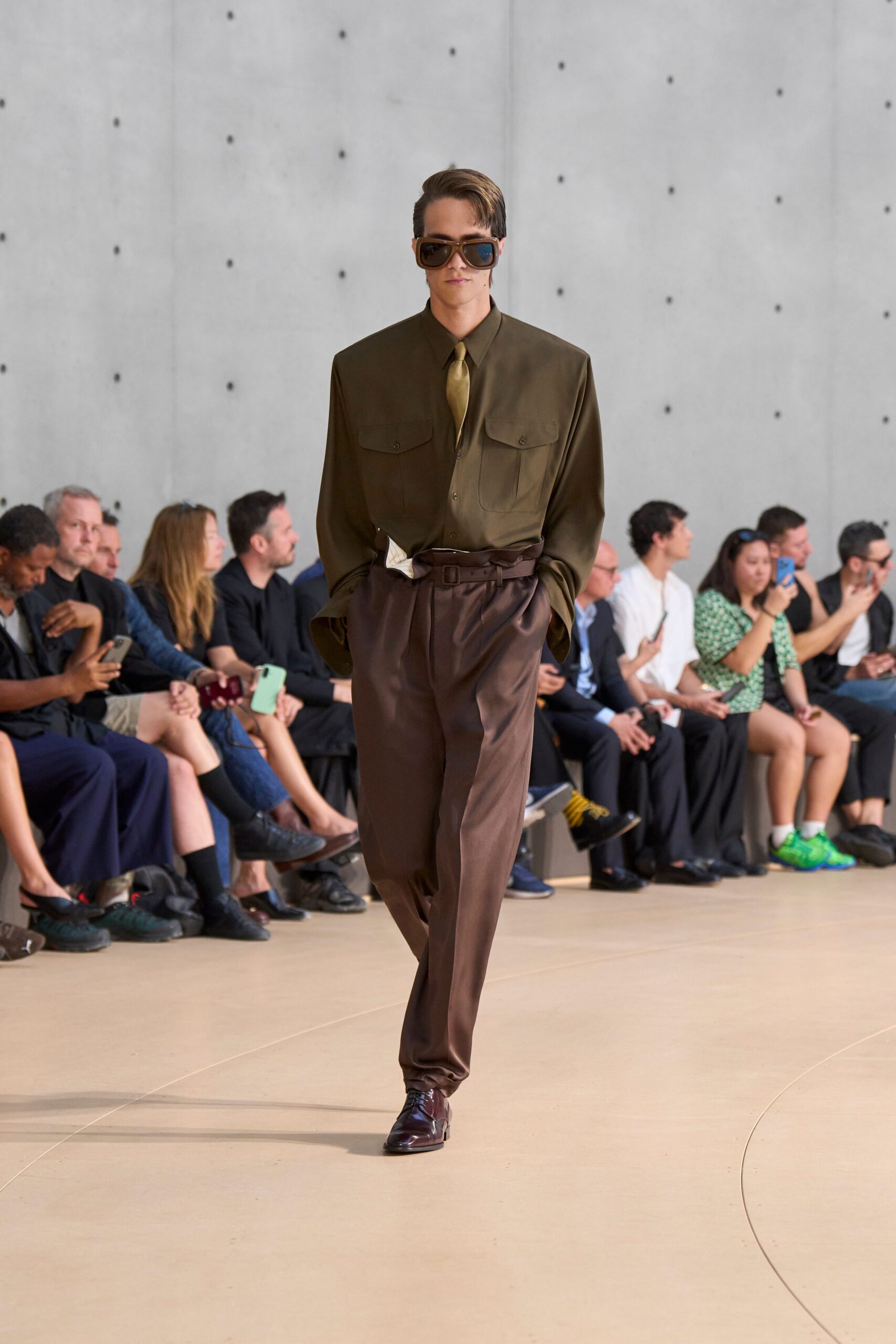 olive shirt brown tailored pants