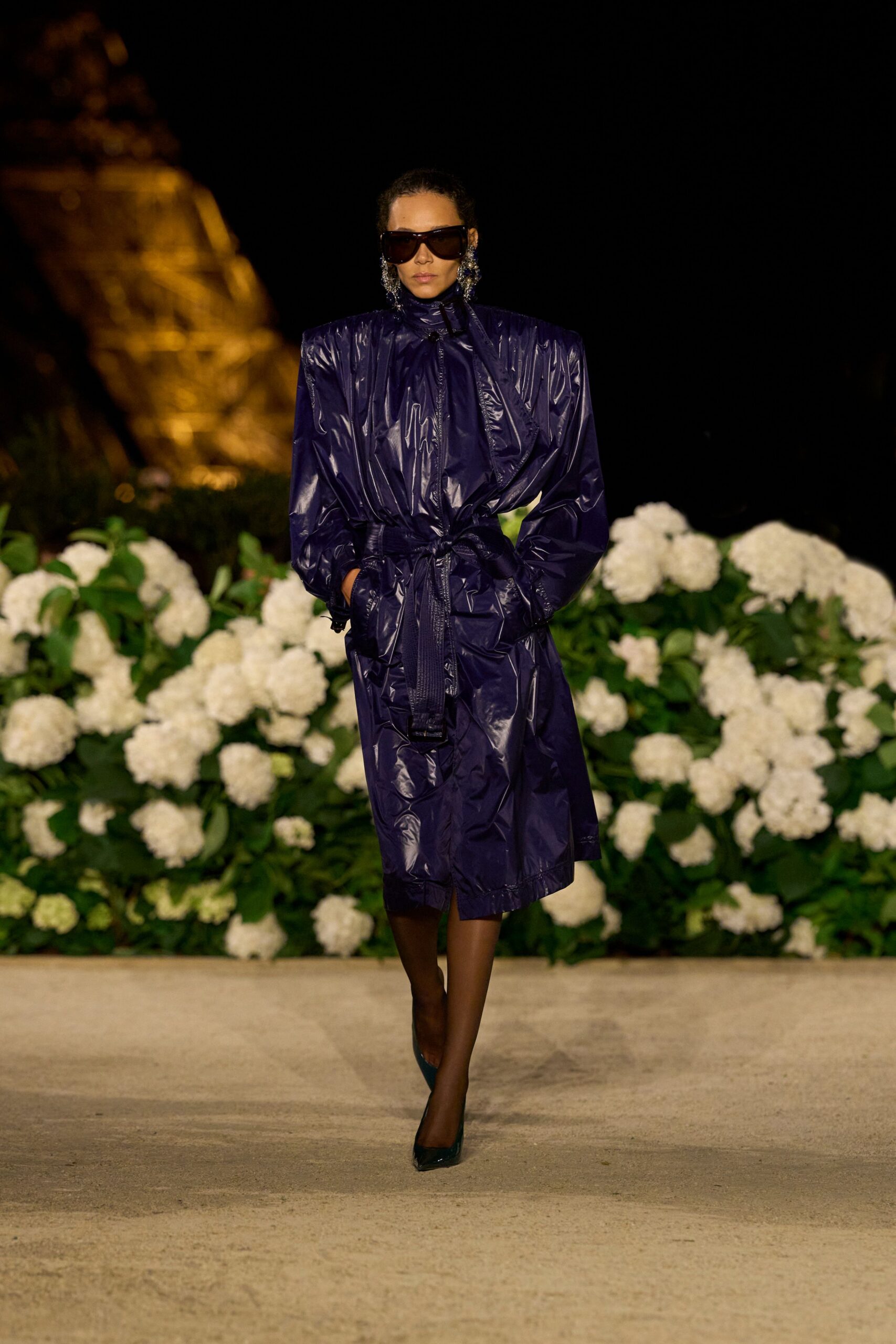 purple vinyl long-sleeve collared fitted belted shiny coat