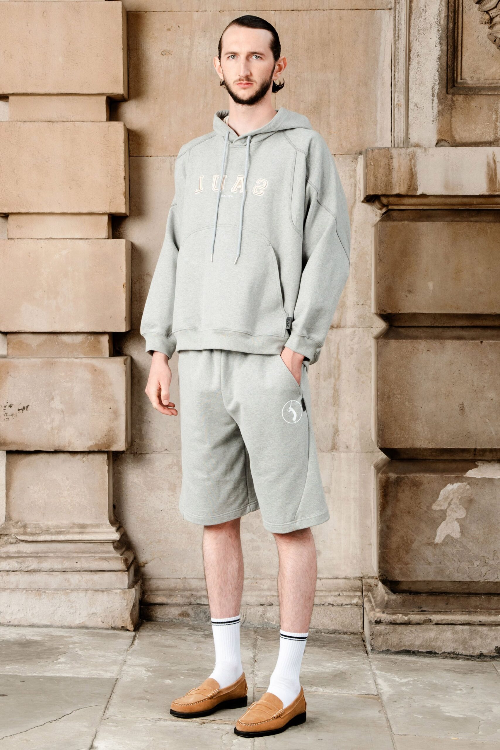 gray oversized hoodie and shorts