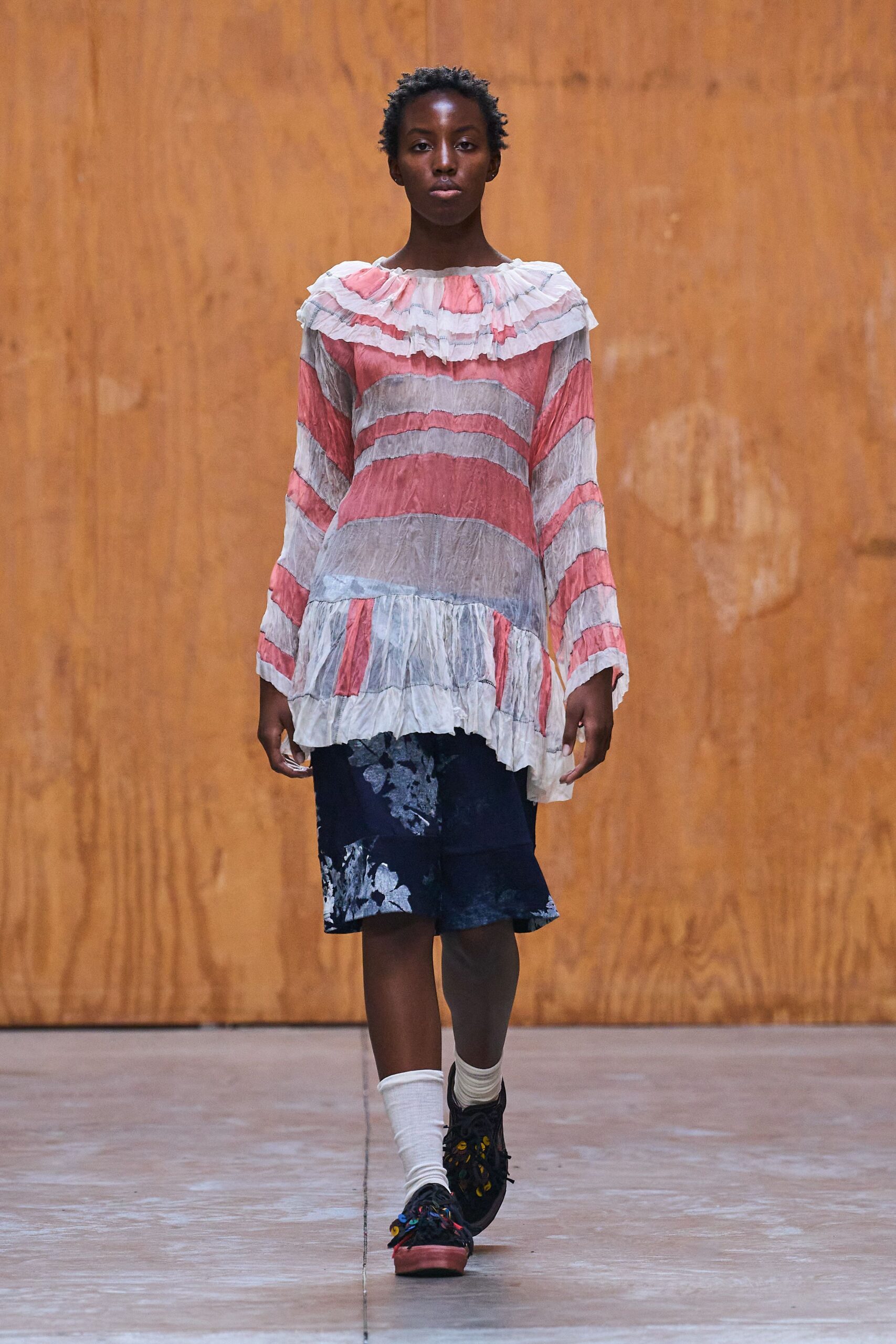 red cotton long-sleeve collared relaxed striped ruffled top
