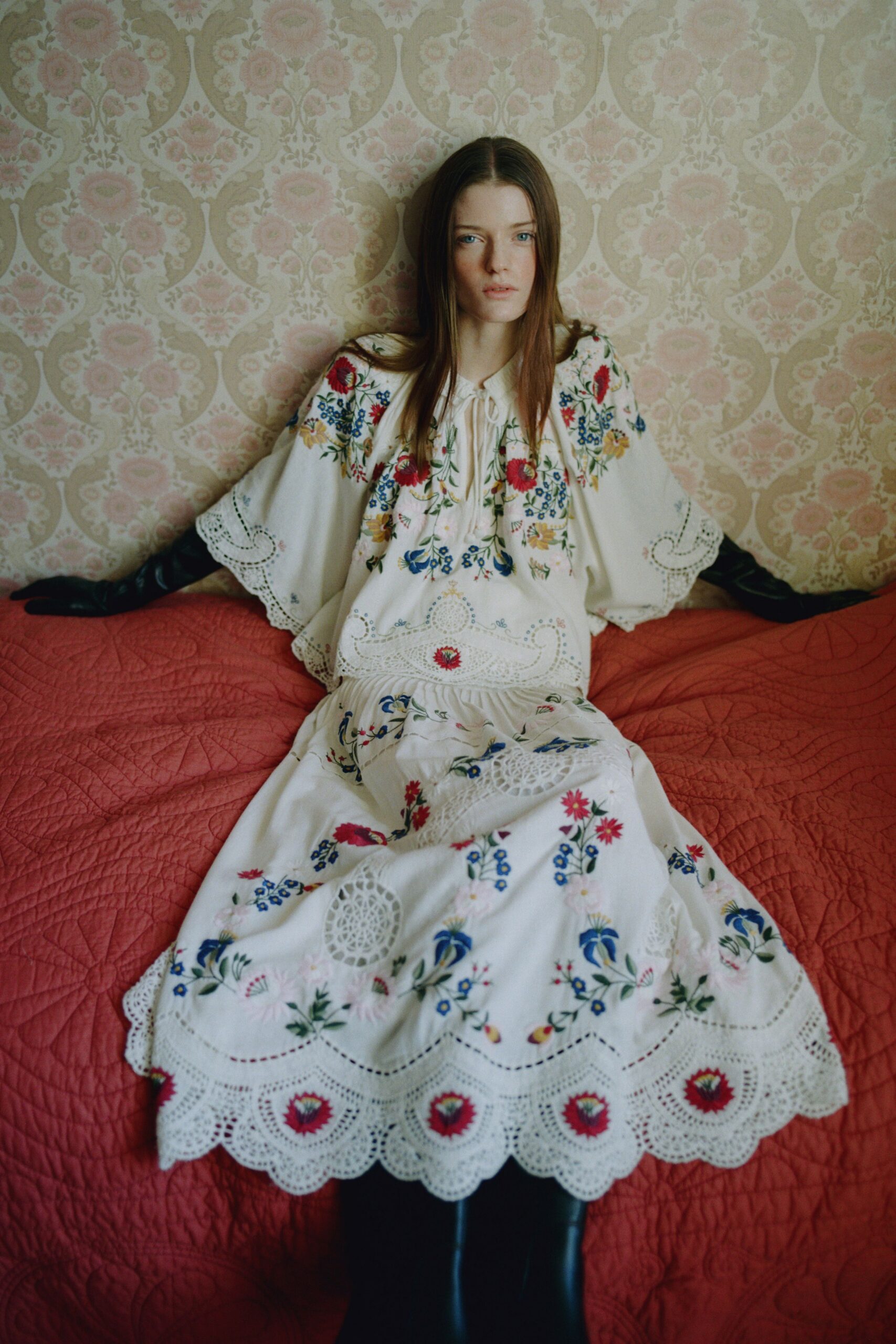 embroidered white maxi dress with gloves