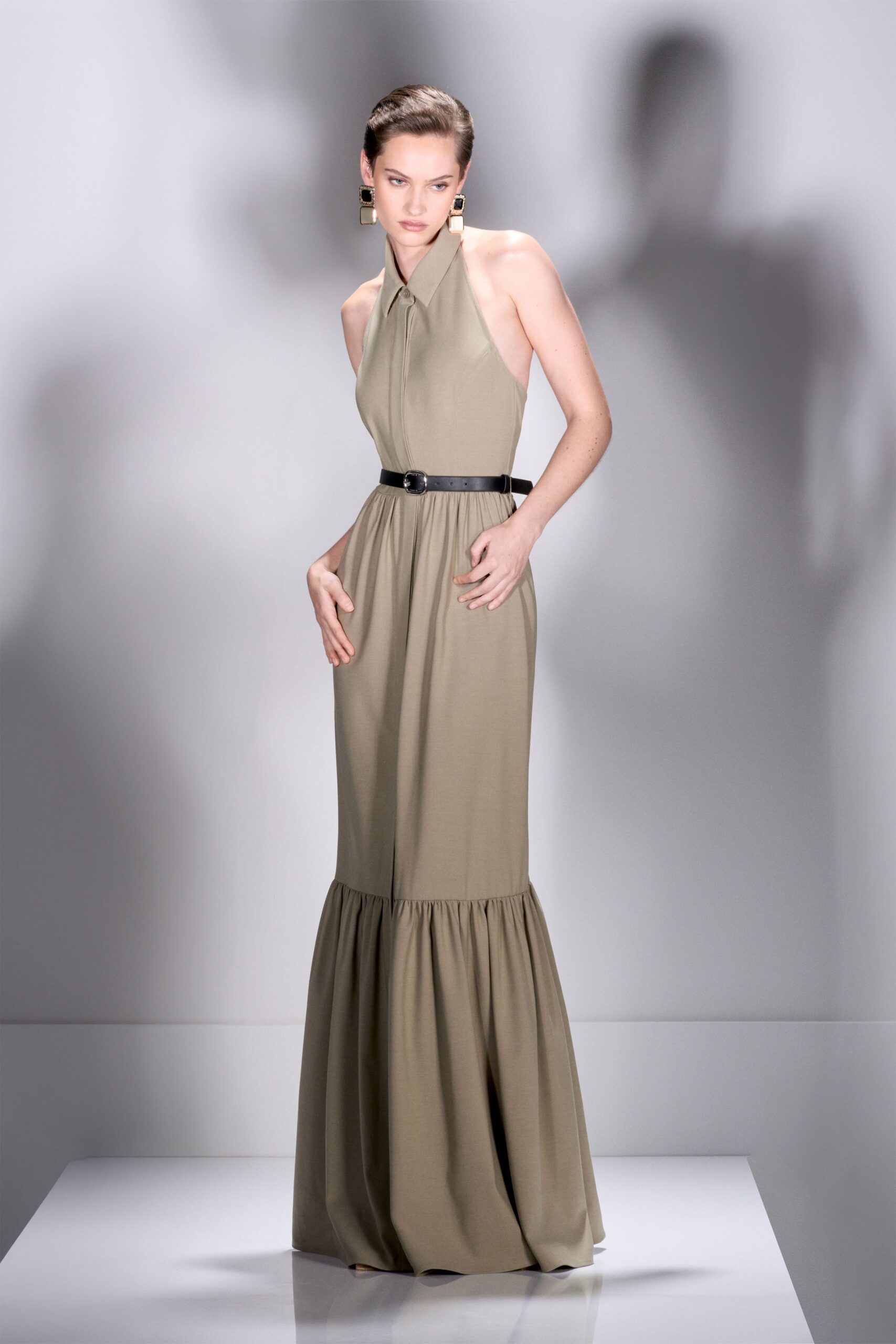 gray cotton sleeveless high-neck fitted tiered maxi gown