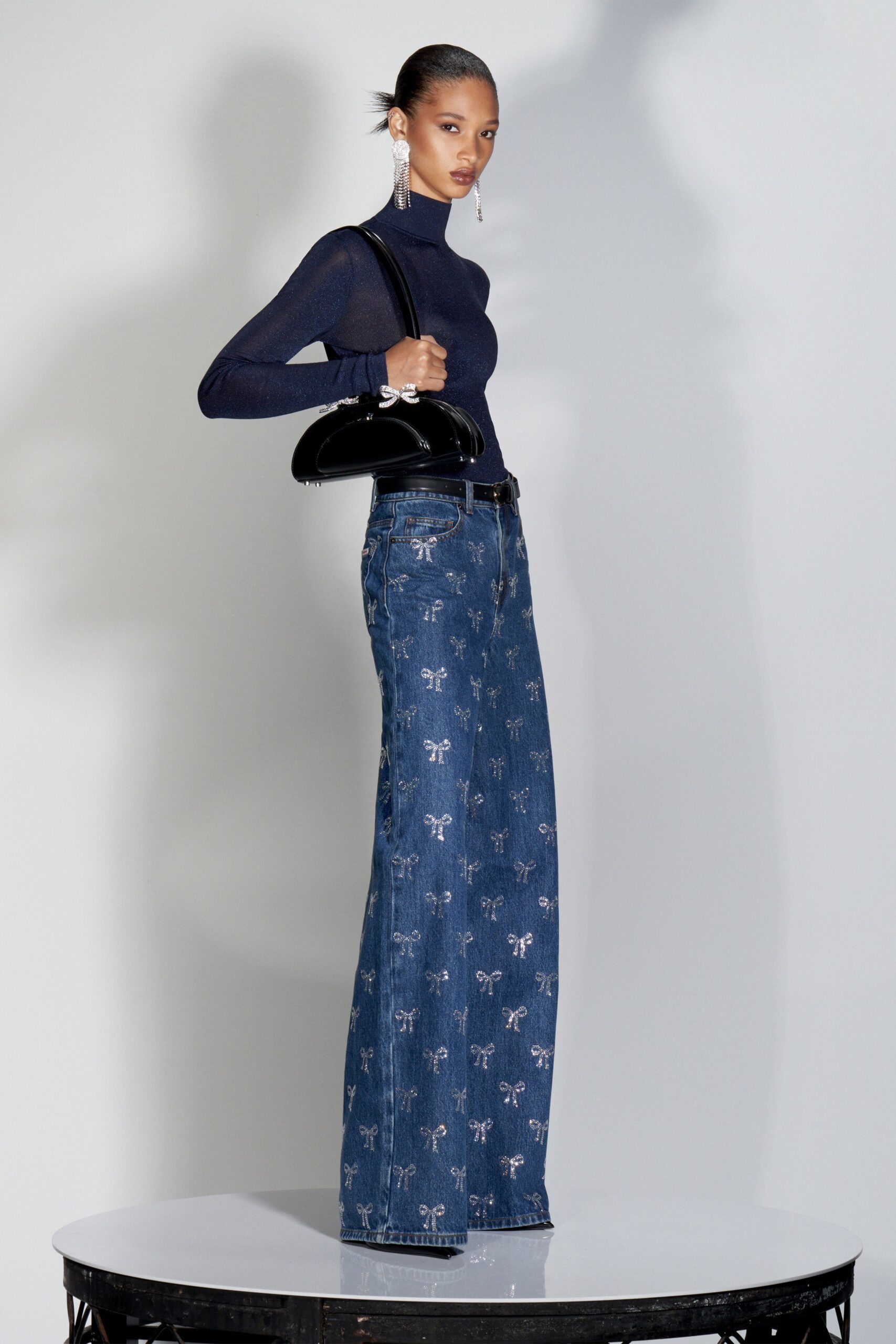 blue denim relaxed wide-leg embroidered pants