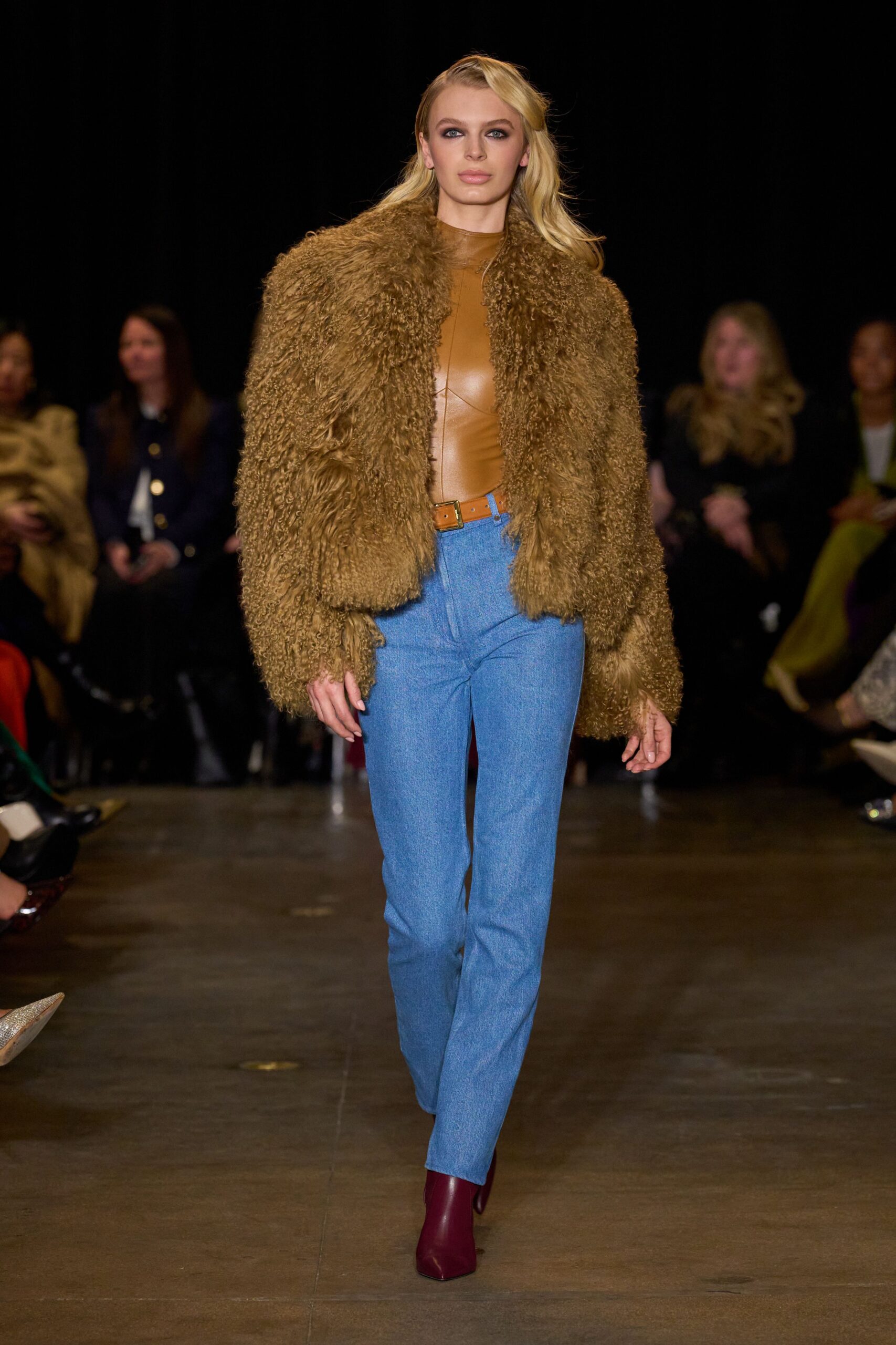 brown faux-fur coat with tan leather top