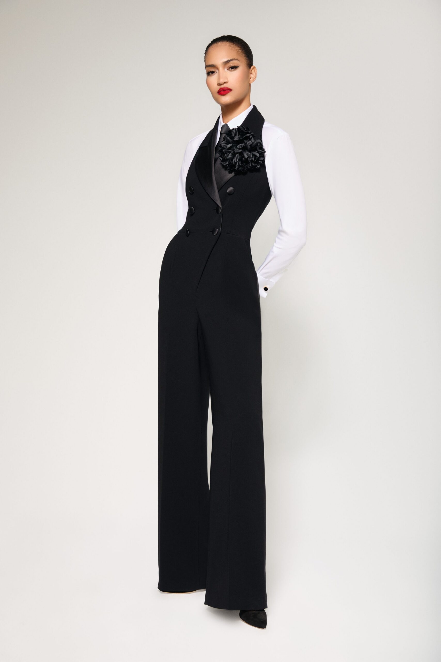black long-sleeve collared fitted layered jumpsuit