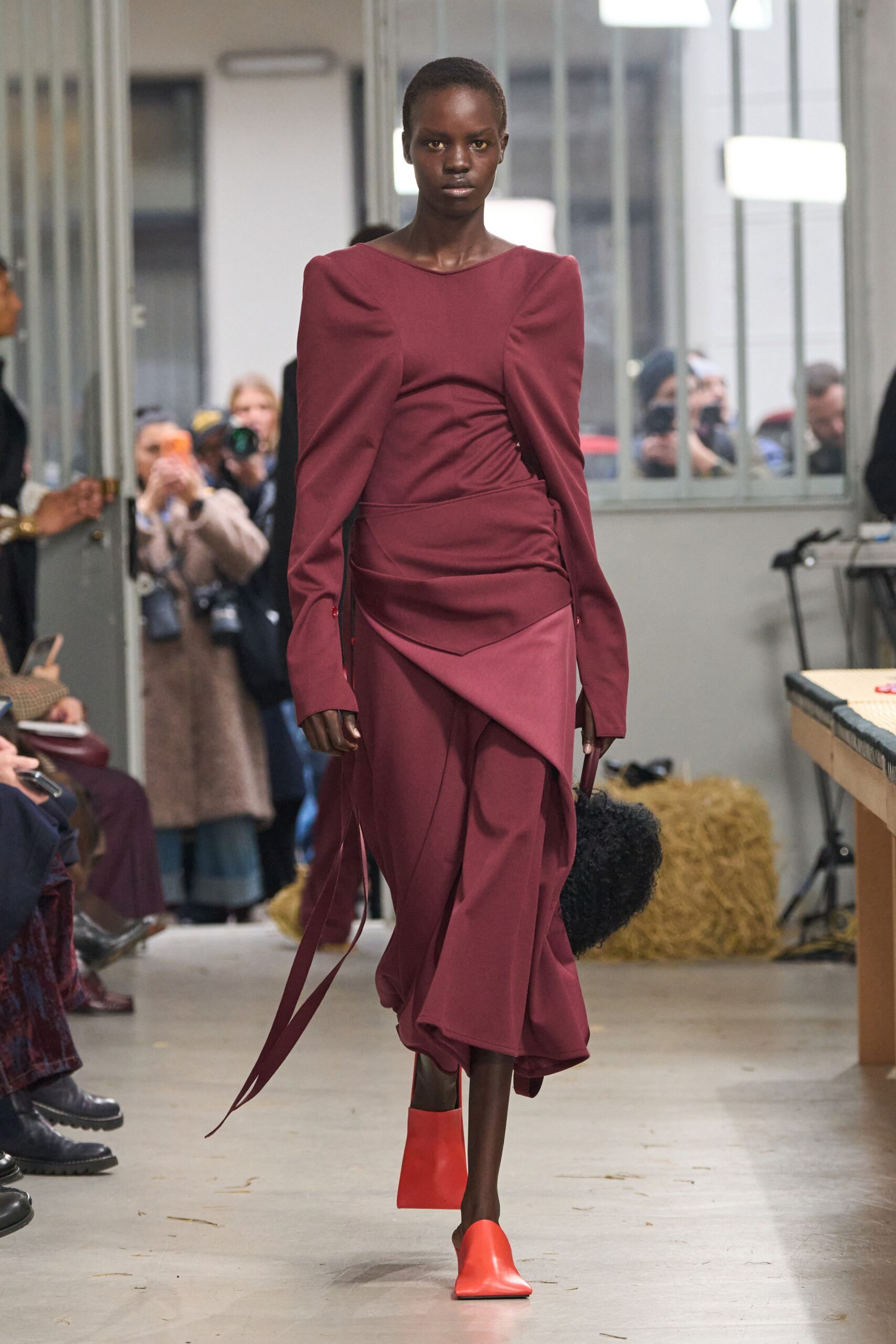 maroon silk long-sleeve v-neck fitted ruched draped dress