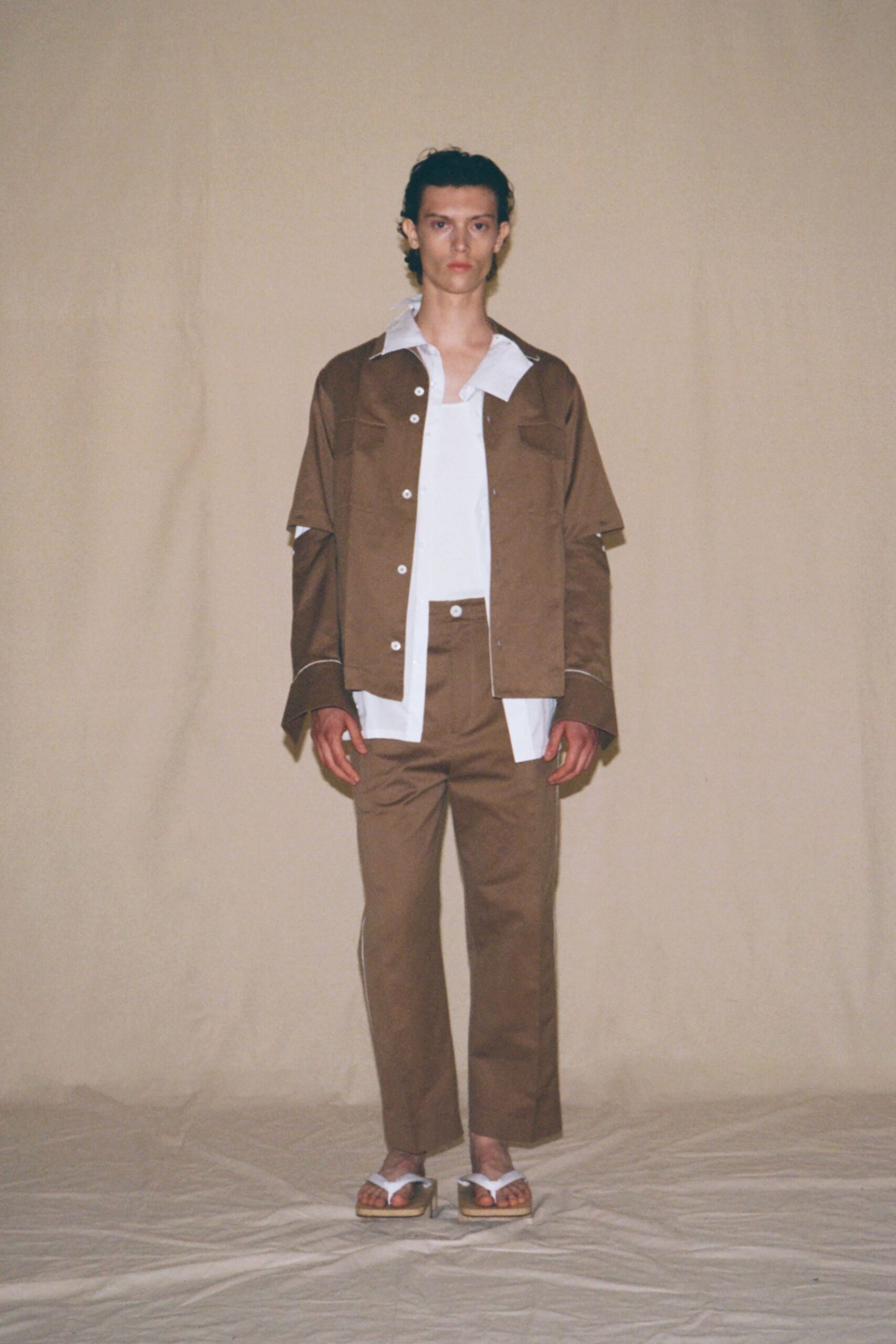 brown relaxed jacket with white shirt