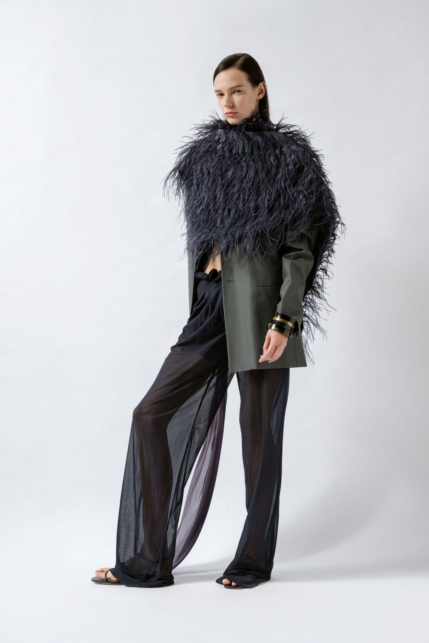 black feather oversized fringed cape