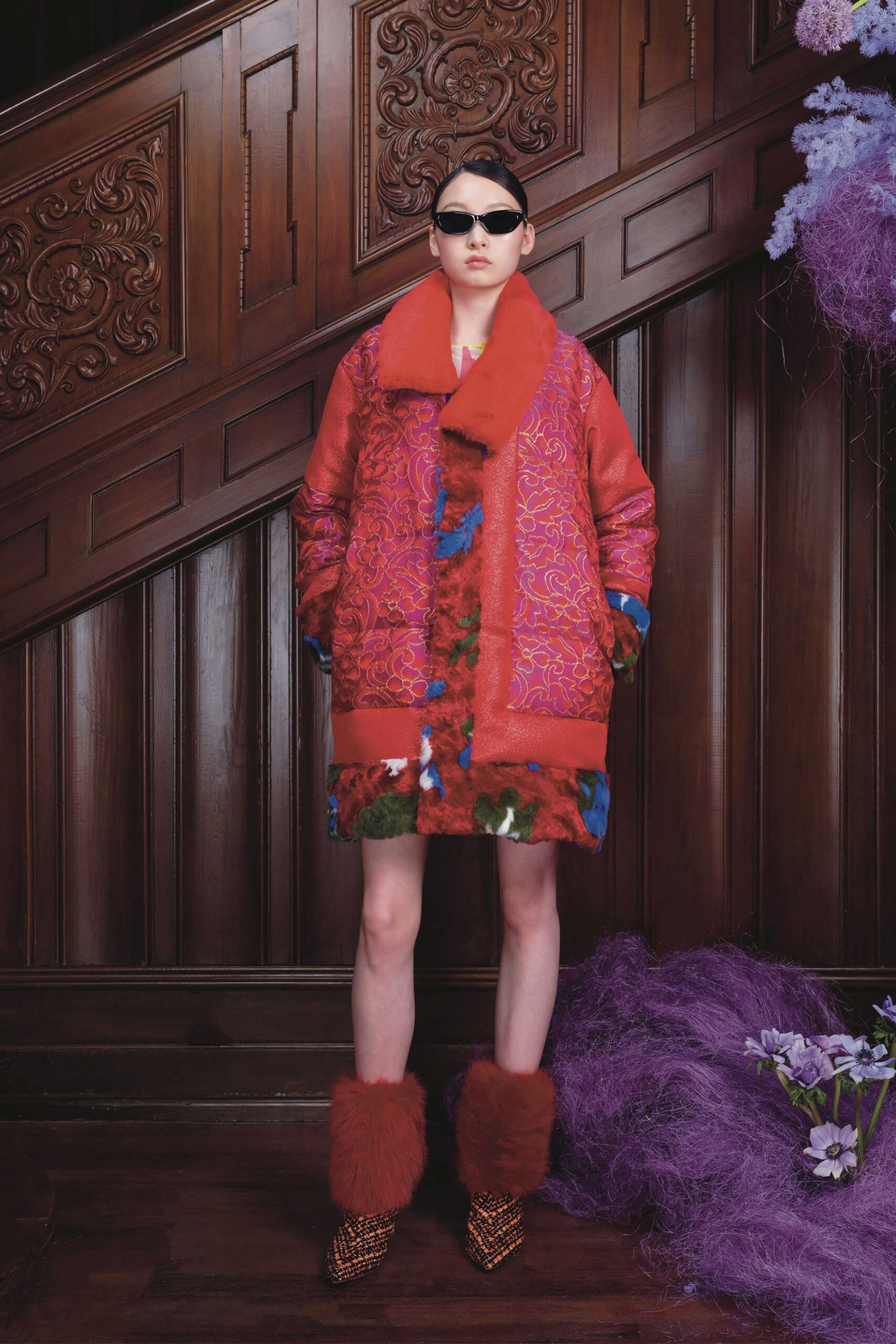 red wool long-sleeve collared relaxed floral embroidered coat