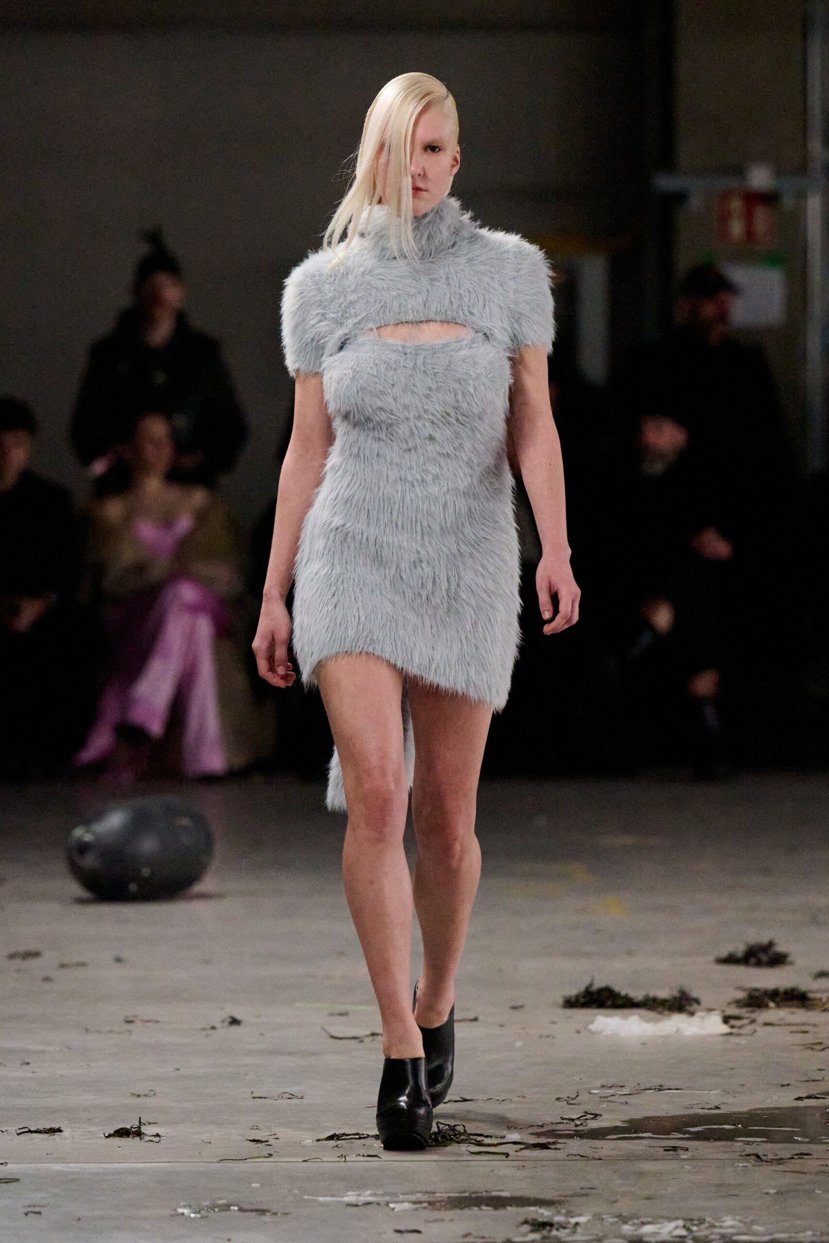 gray fur sleeveless high-neck fitted fringed mini dress