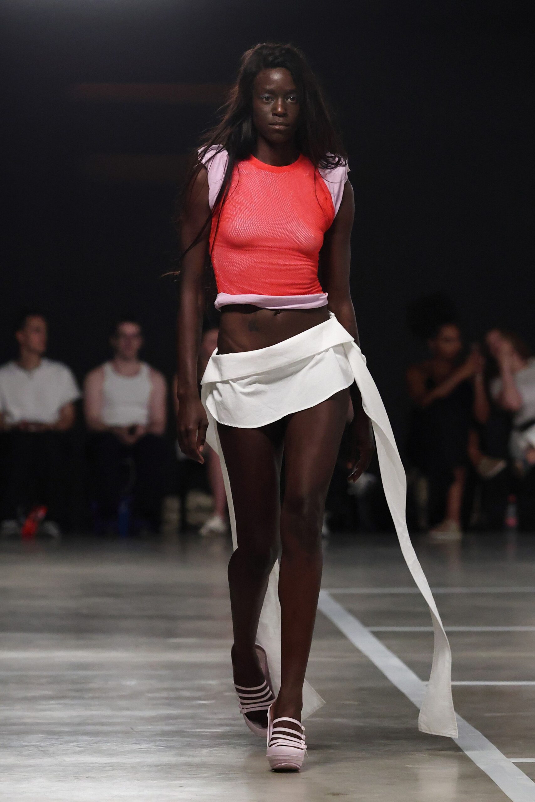 pink orange fitted top with white skirt
