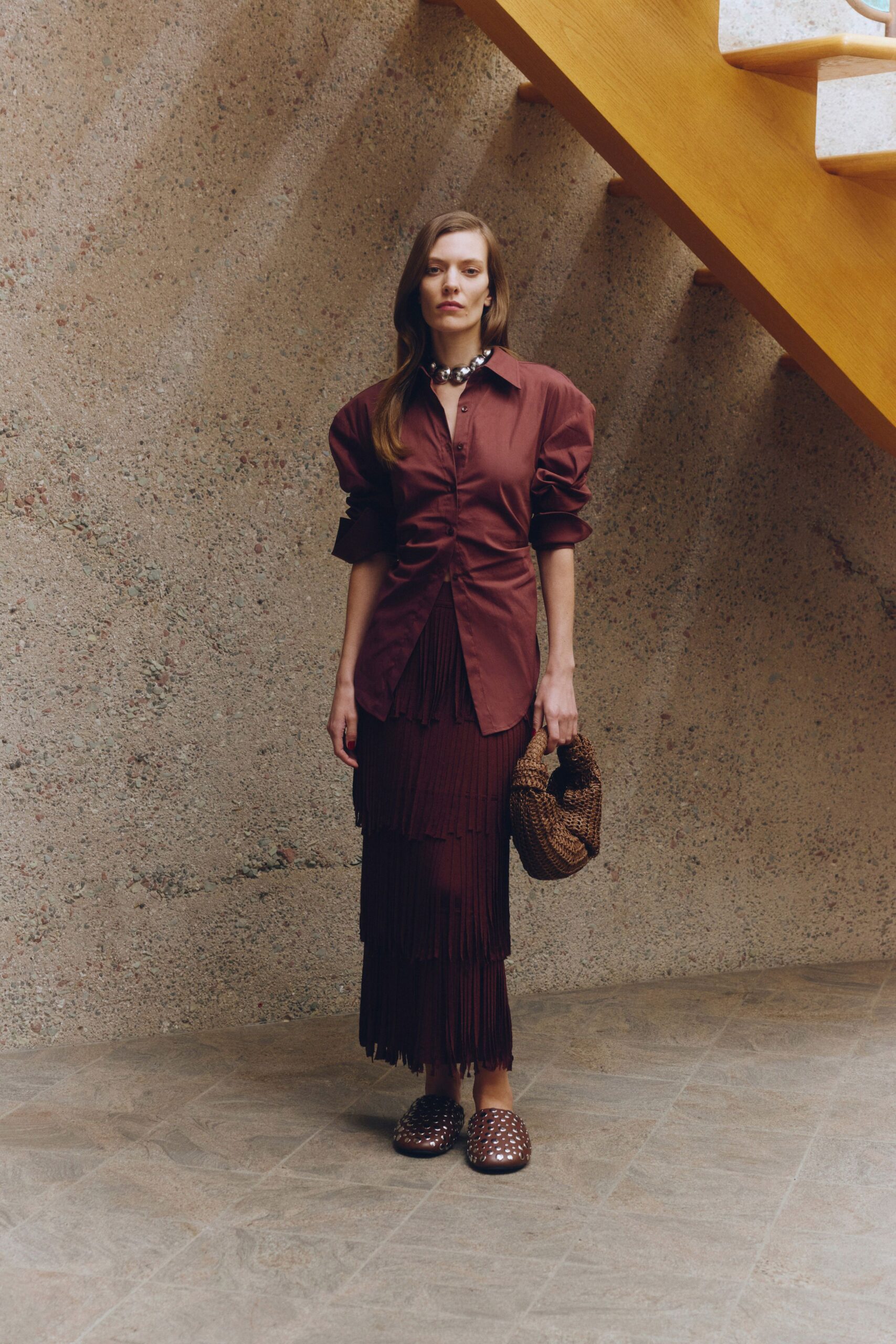 brown shirt-dress with fringed skirt