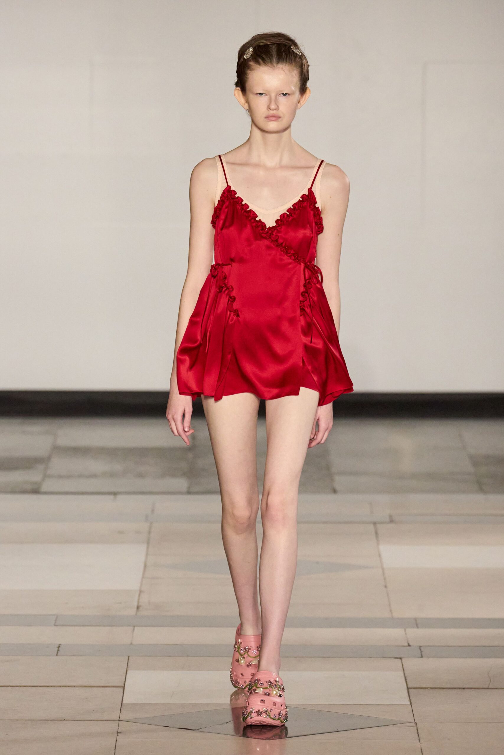 red silk sleeveless v-neck fitted ruffled mini dress