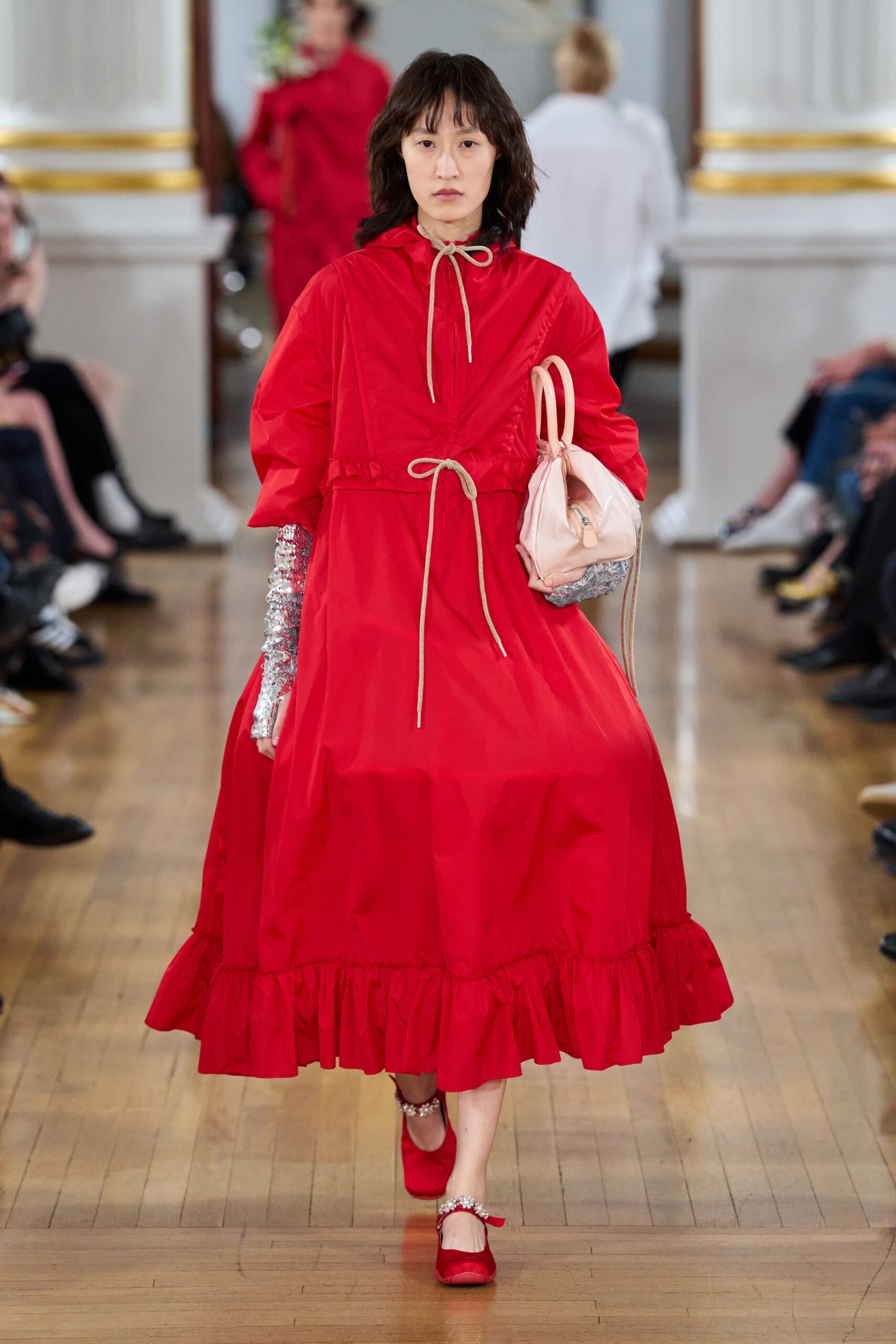 red cotton long-sleeve hooded relaxed ruffled midi dress
