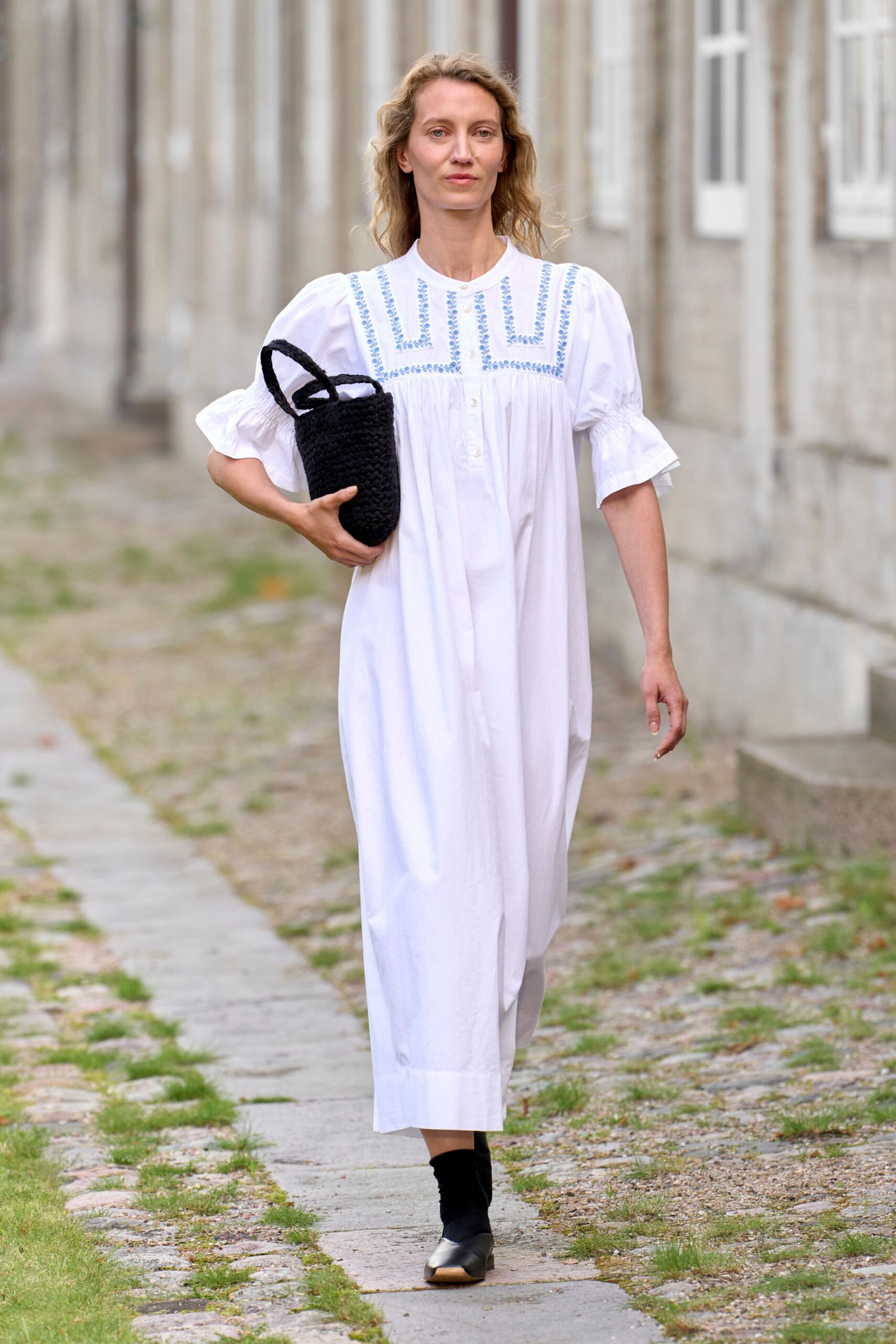 white cotton short-sleeve collared relaxed embroidered maxi dress