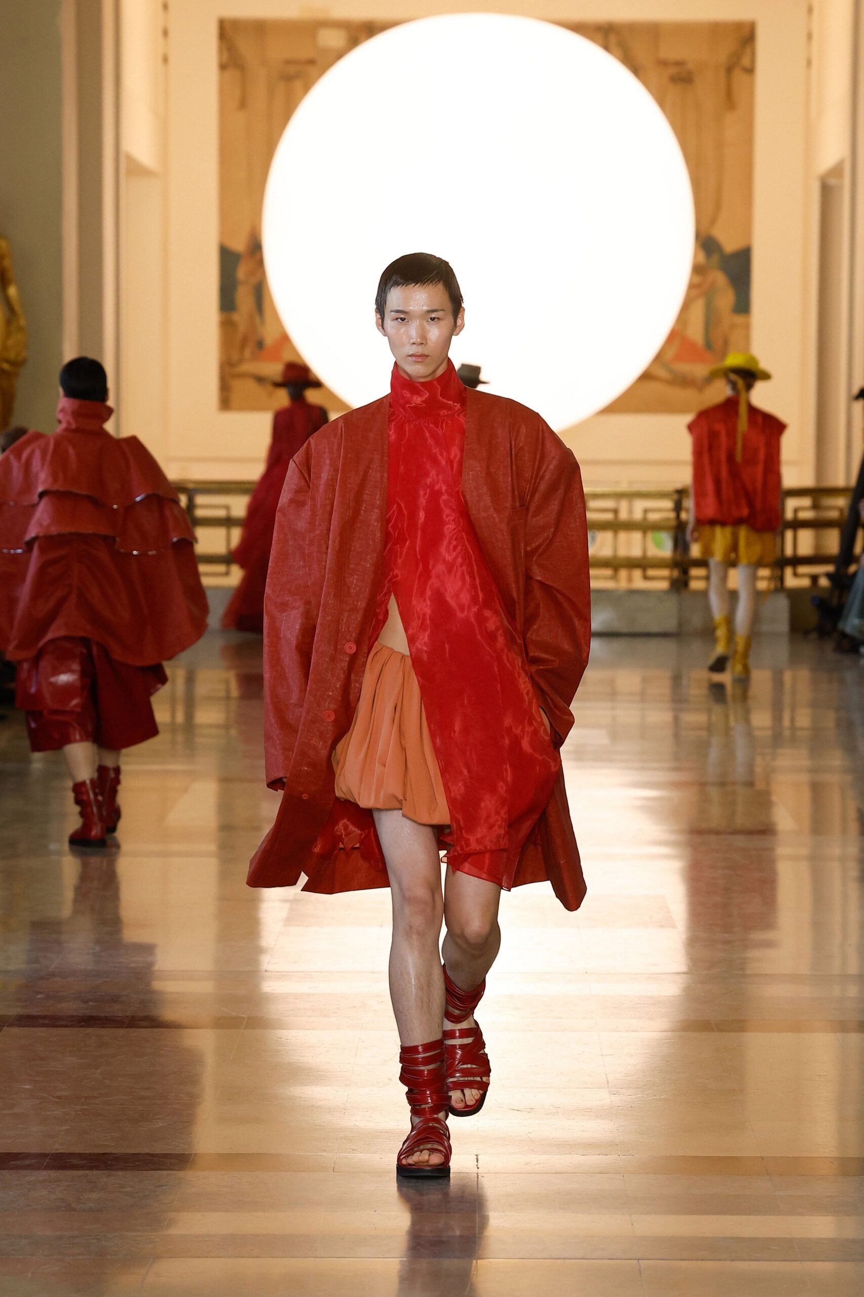 red silk long-sleeve collared oversized layered shiny coat
