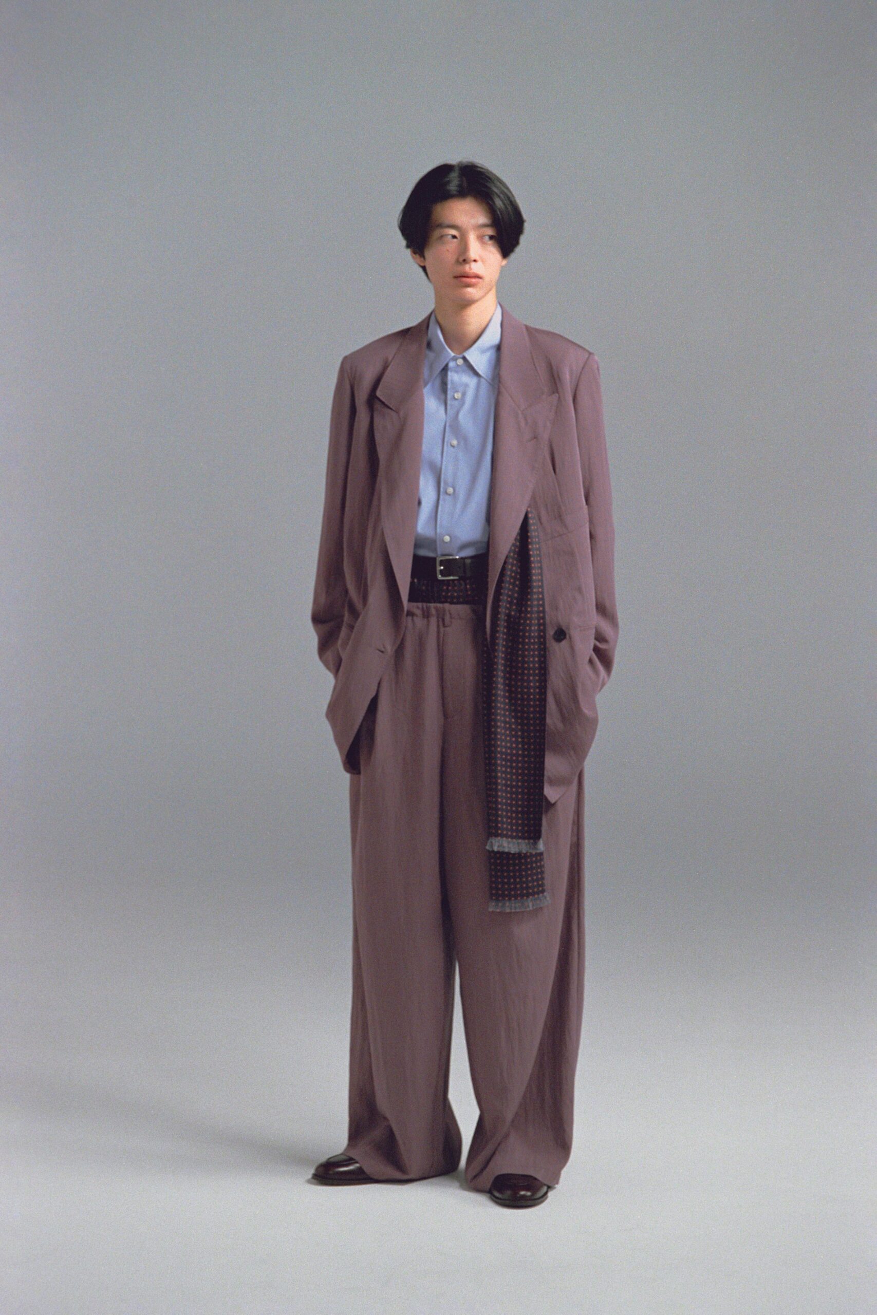 purple relaxed blazer with blue shirt