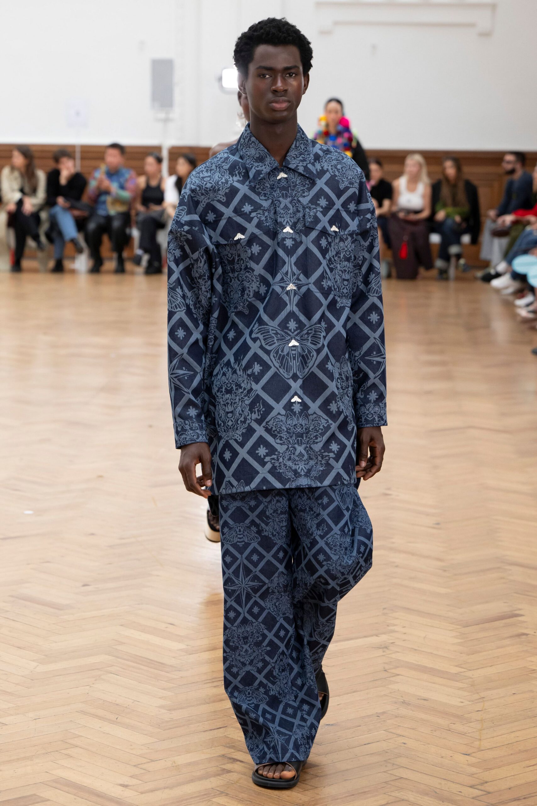 blue printed shirt and pants