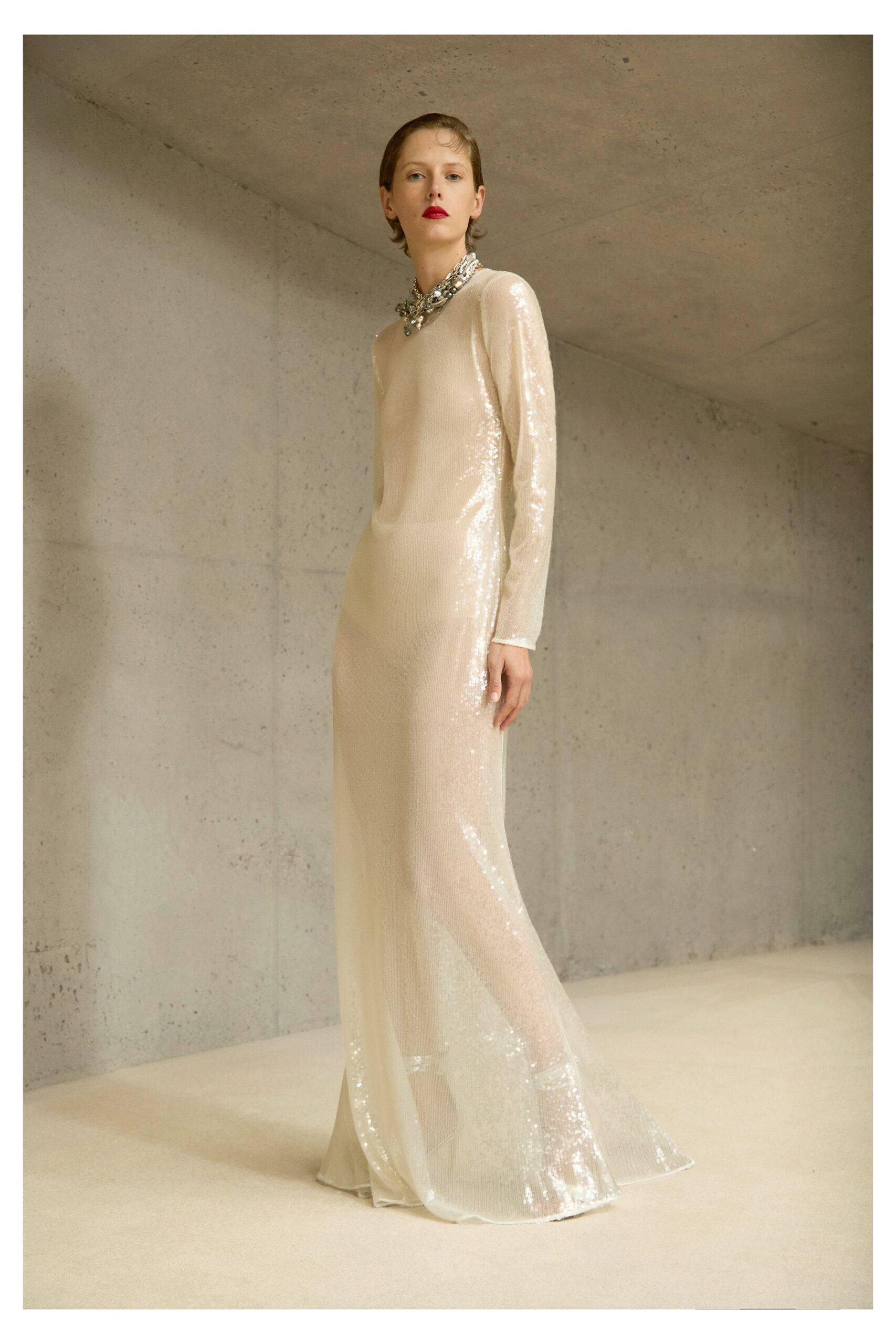 white sequin long-sleeve gown
