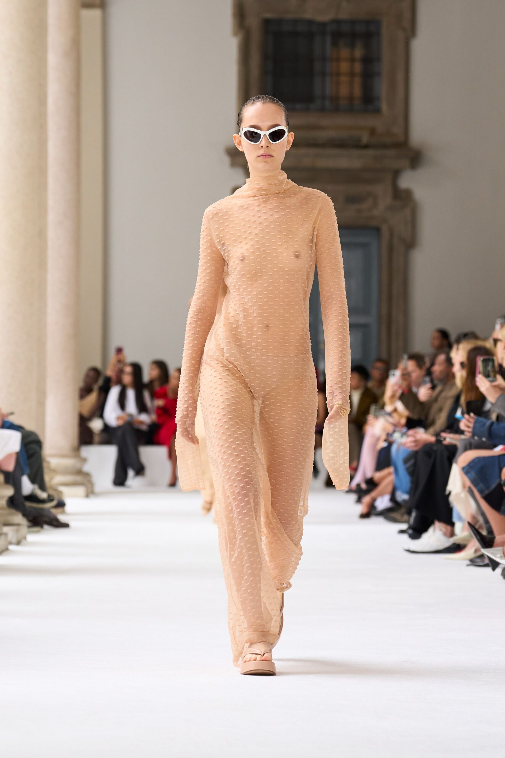 beige mesh long-sleeve dress