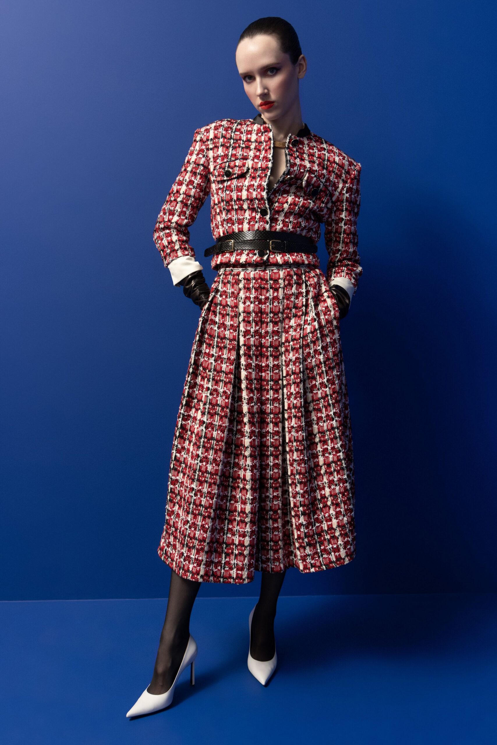 red cotton long-sleeve collared fitted pleated buttoned dress